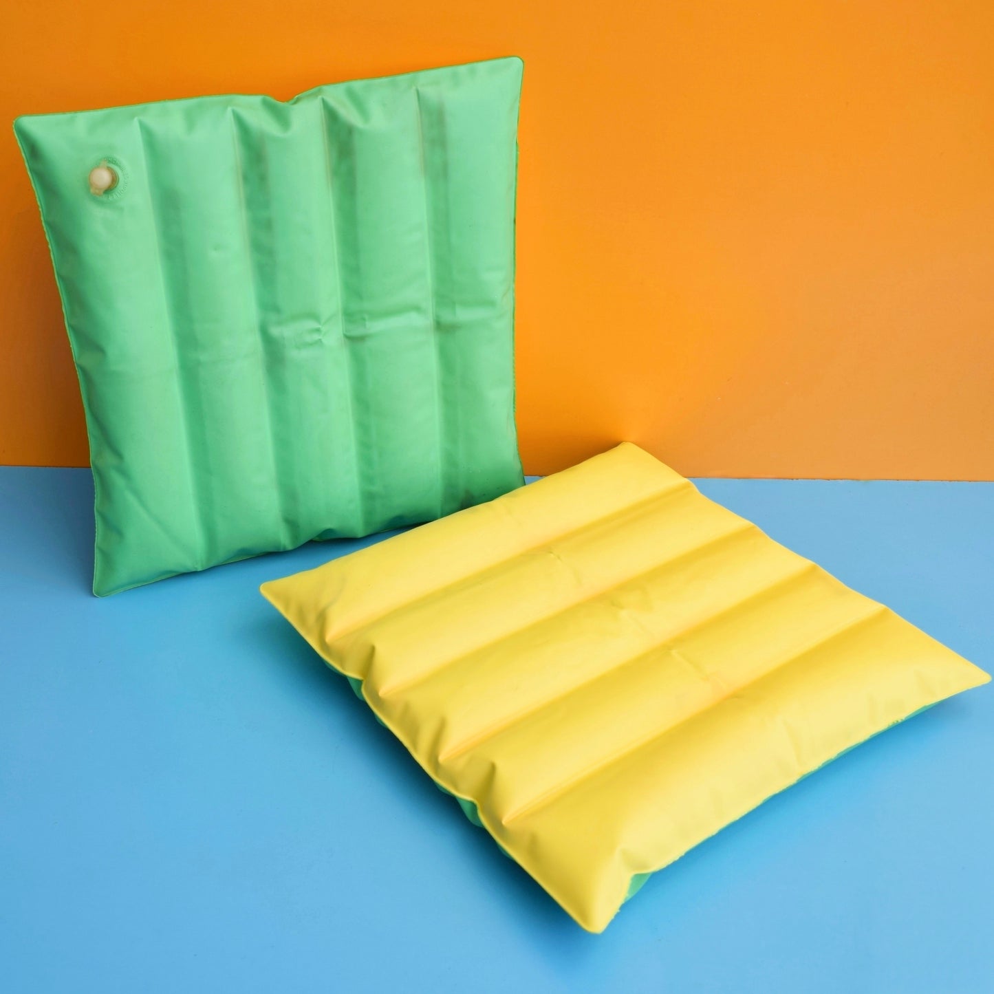 Vintage 1960s Vinyl Inflatable Pillows - Ideal Beach Use - Green/Yellow by Pineapple Retro