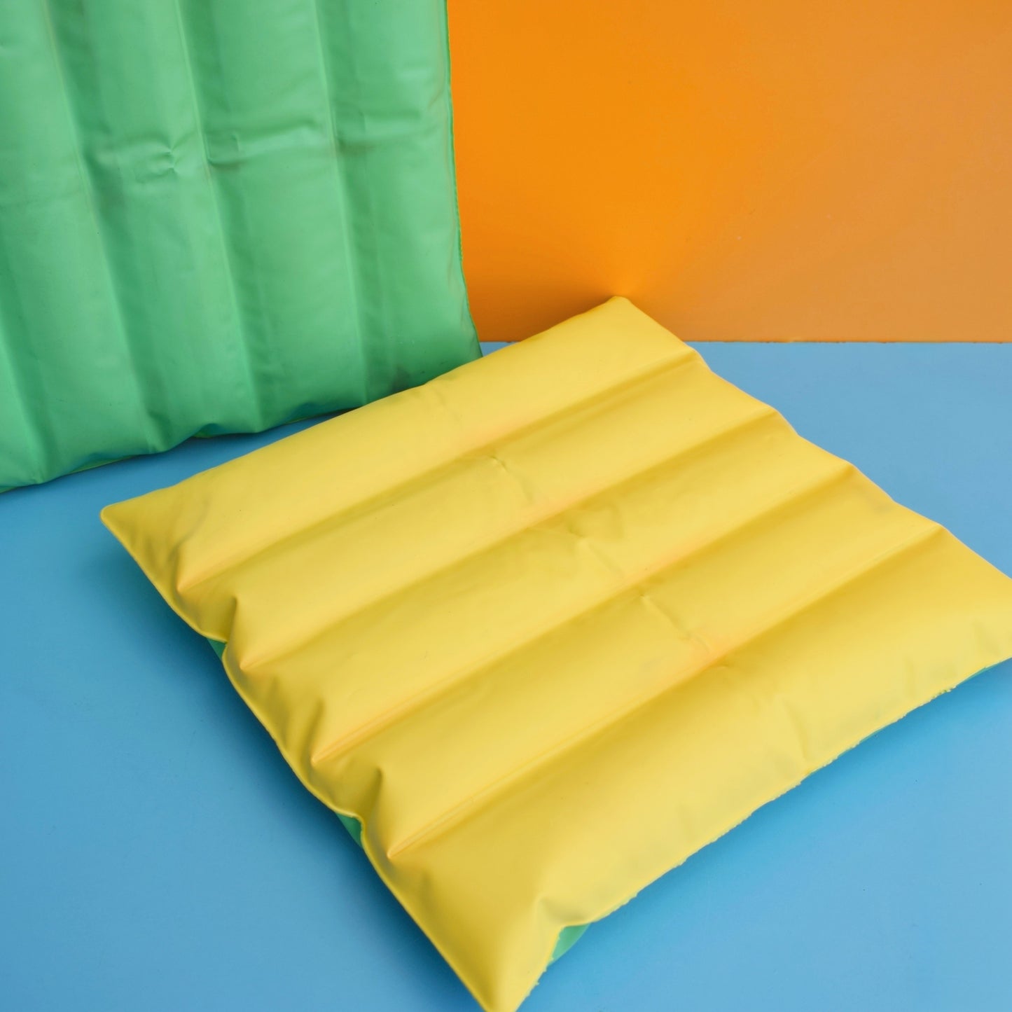Vintage 1960s Vinyl Inflatable Pillows - Ideal Beach Use - Green/Yellow by Pineapple Retro