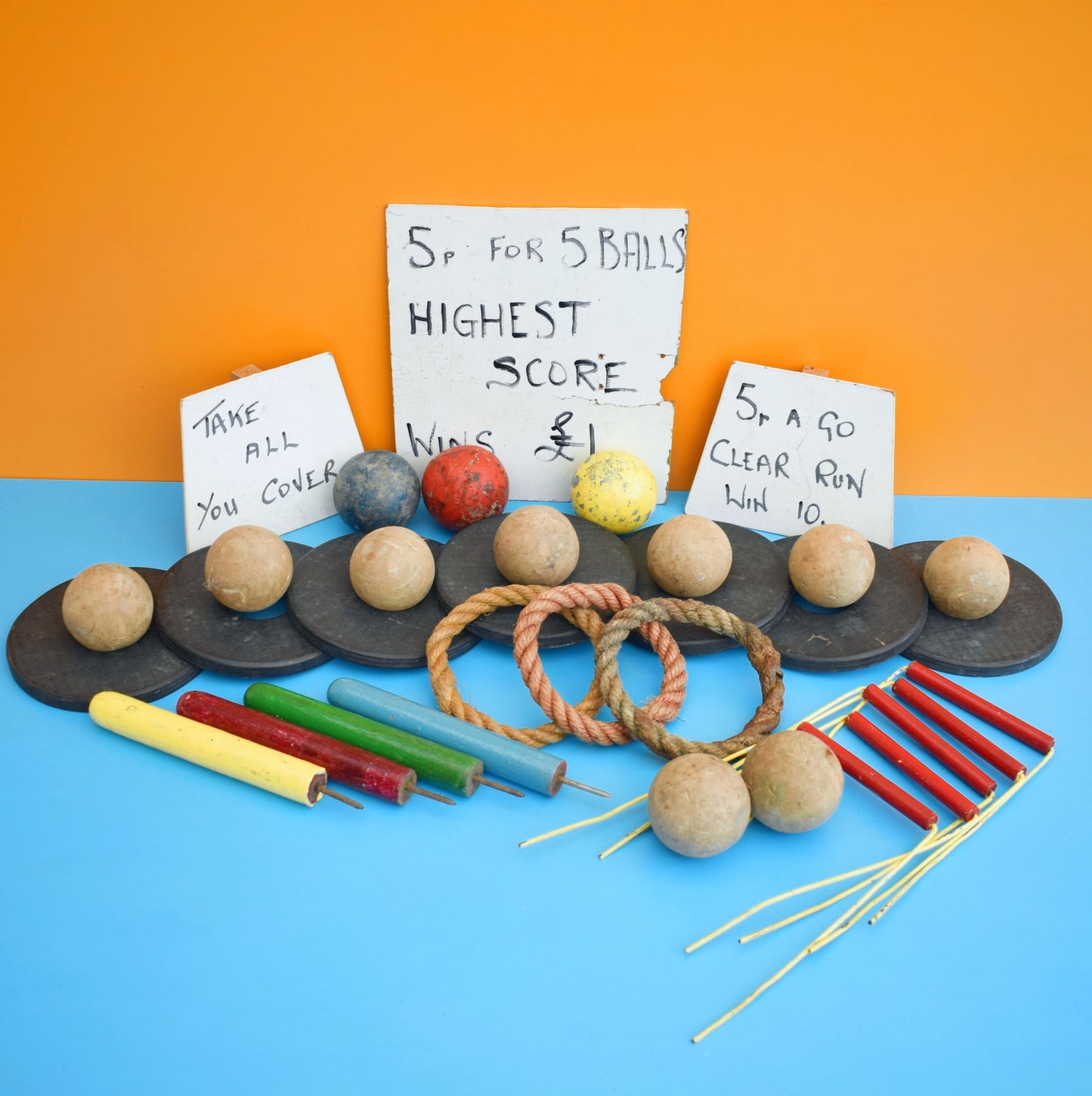 Vintage 1970s Handmade Fairground Game Set - Croquet Balls, Hoops Etc by Pineapple Retro
