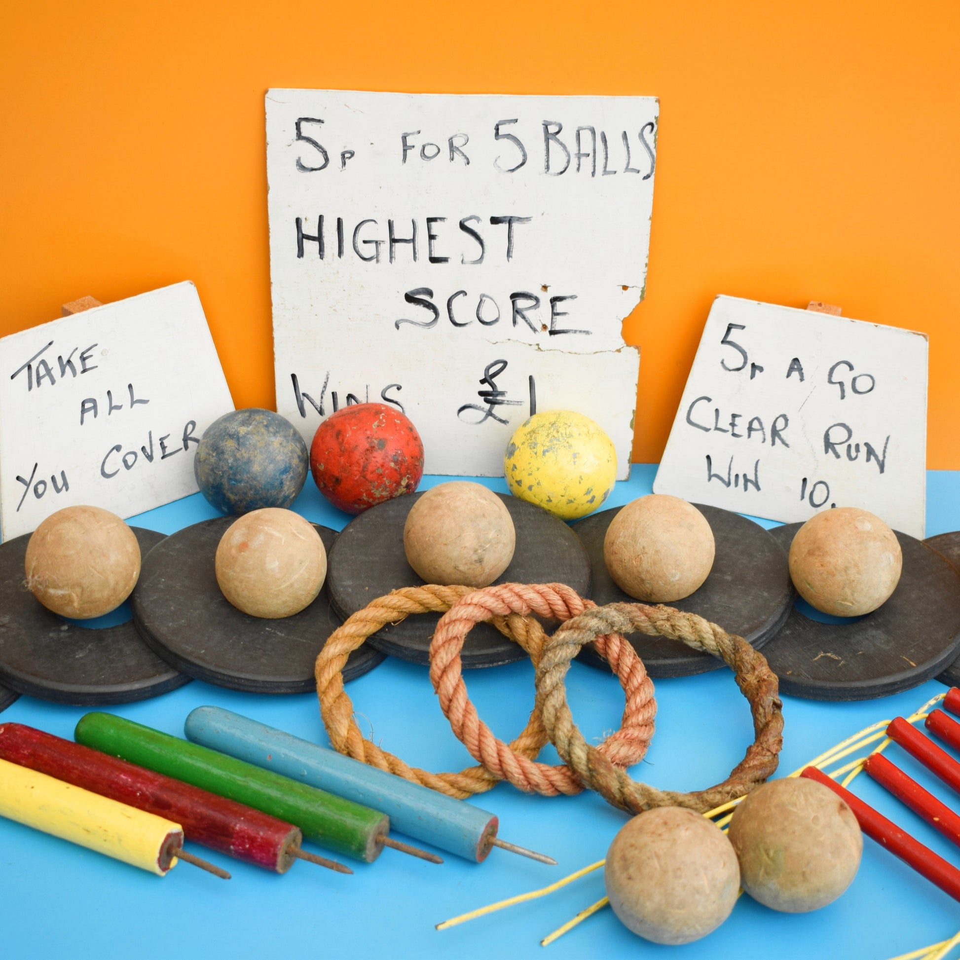 Vintage 1970s Handmade Fairground Game Set - Croquet Balls, Hoops Etc by Pineapple Retro