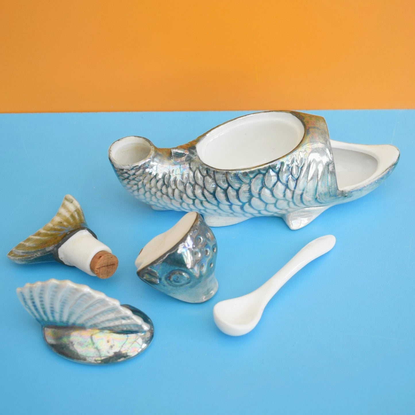 Vintage 1960s Fish Cruet Set / Salt & Pepper / Pin Dish - Melba Ware by Vintage
