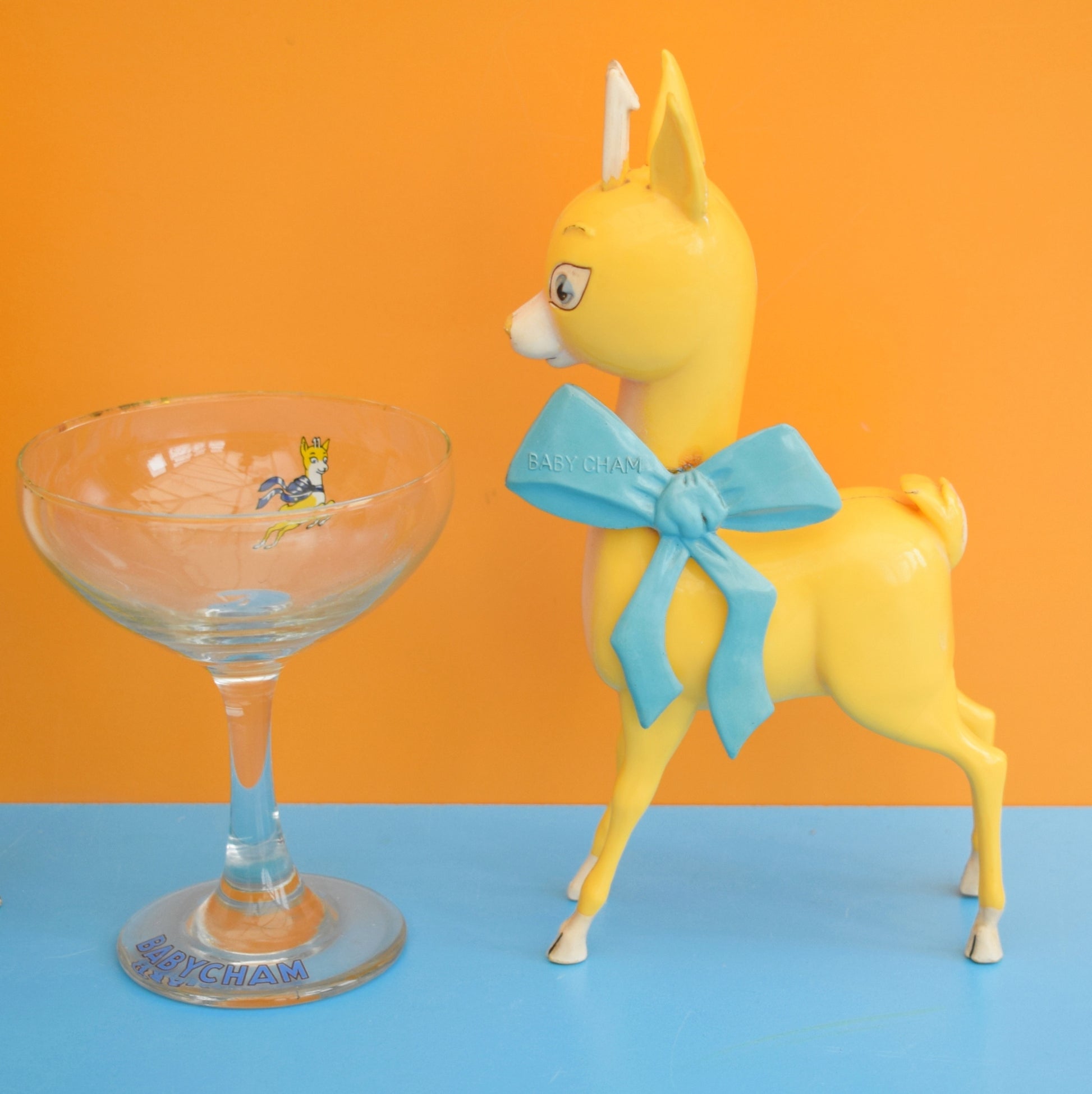 Vintage 1970s Babycham Bambi Figure / Fawn & Glass / Charm by Pineapple Retro