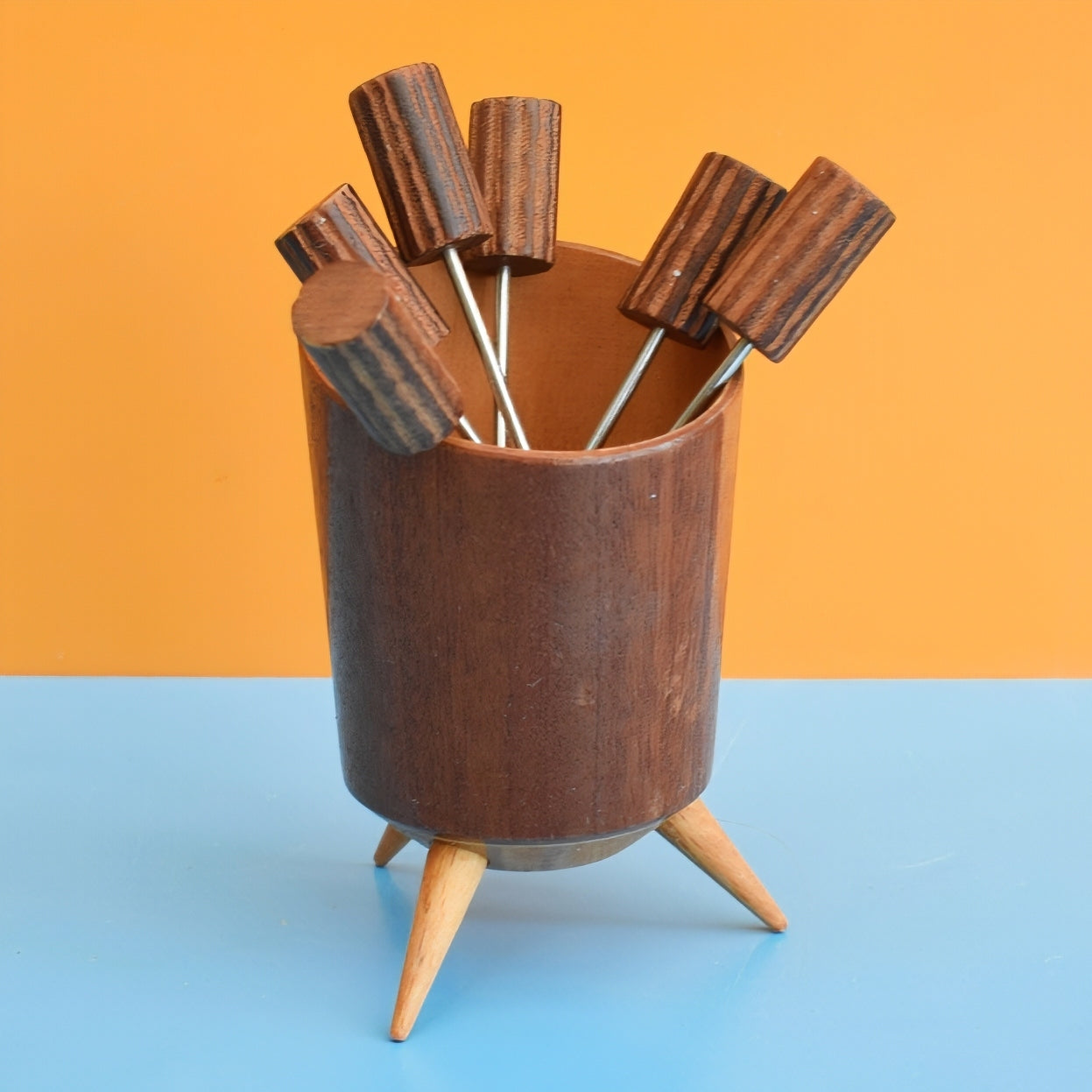 Vintage 1960s Party Picks & Teak Atomic Holder by Pineapple Retro