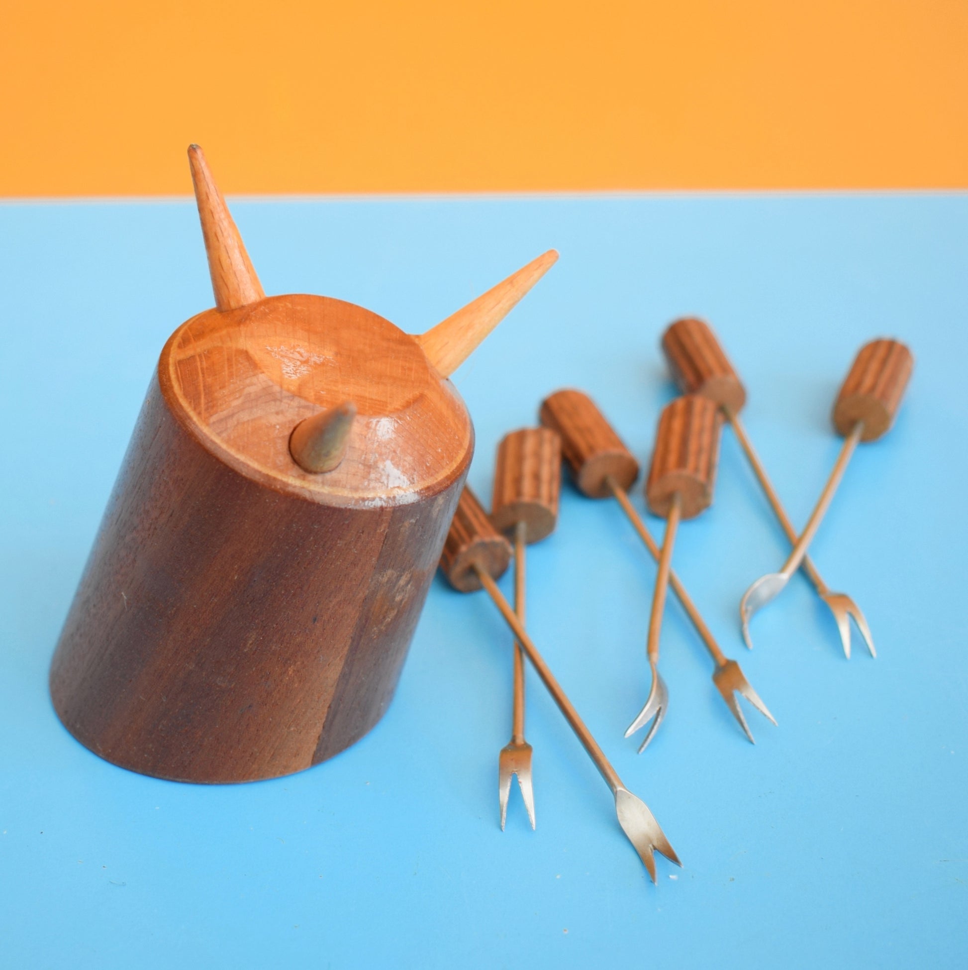 Vintage 1960s Party Picks & Teak Atomic Holder by Pineapple Retro
