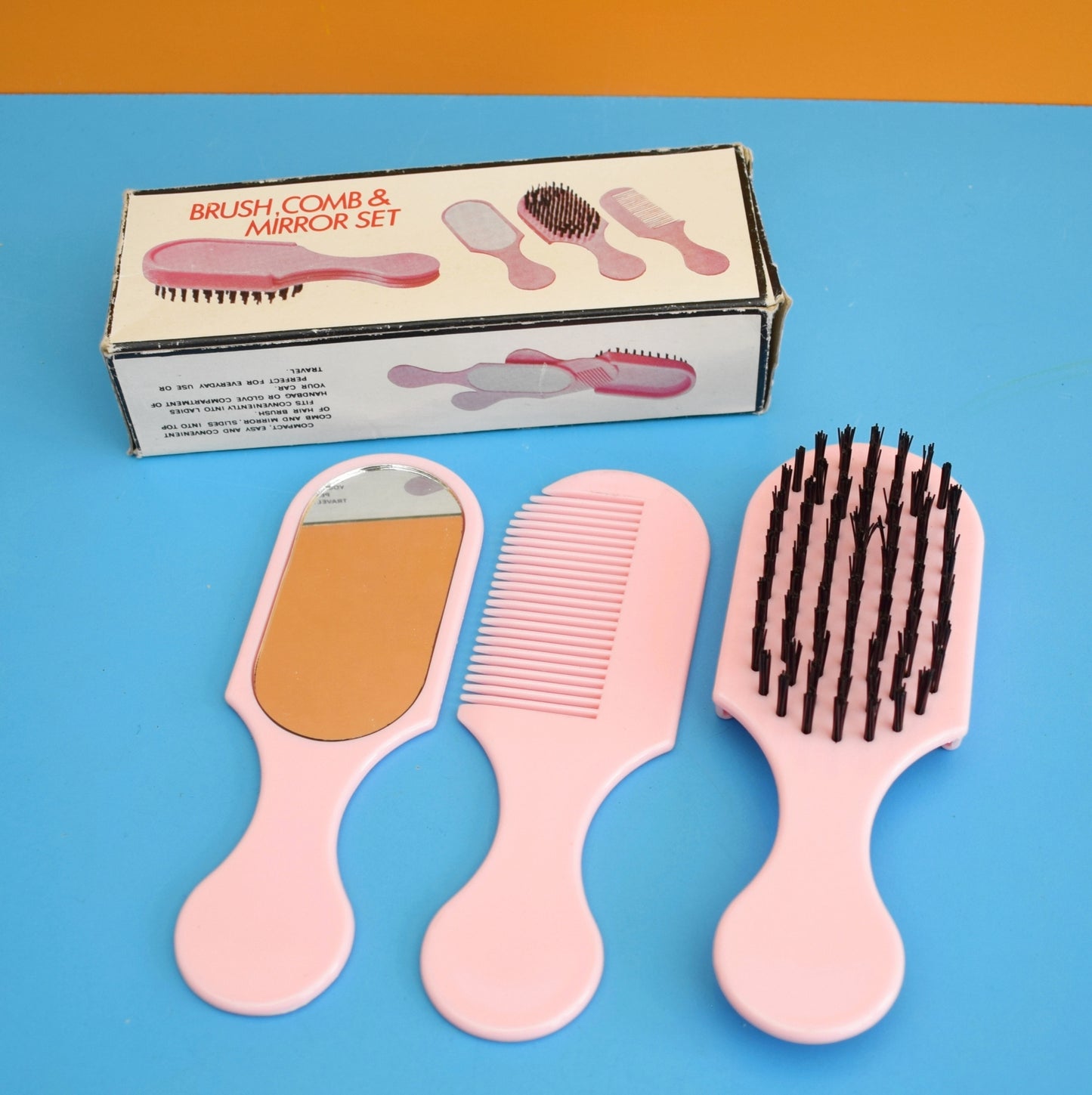 Vintage 1960s Combined Brush, Comb & Mirror Set. - Pink Plastic - Unused by Vintage