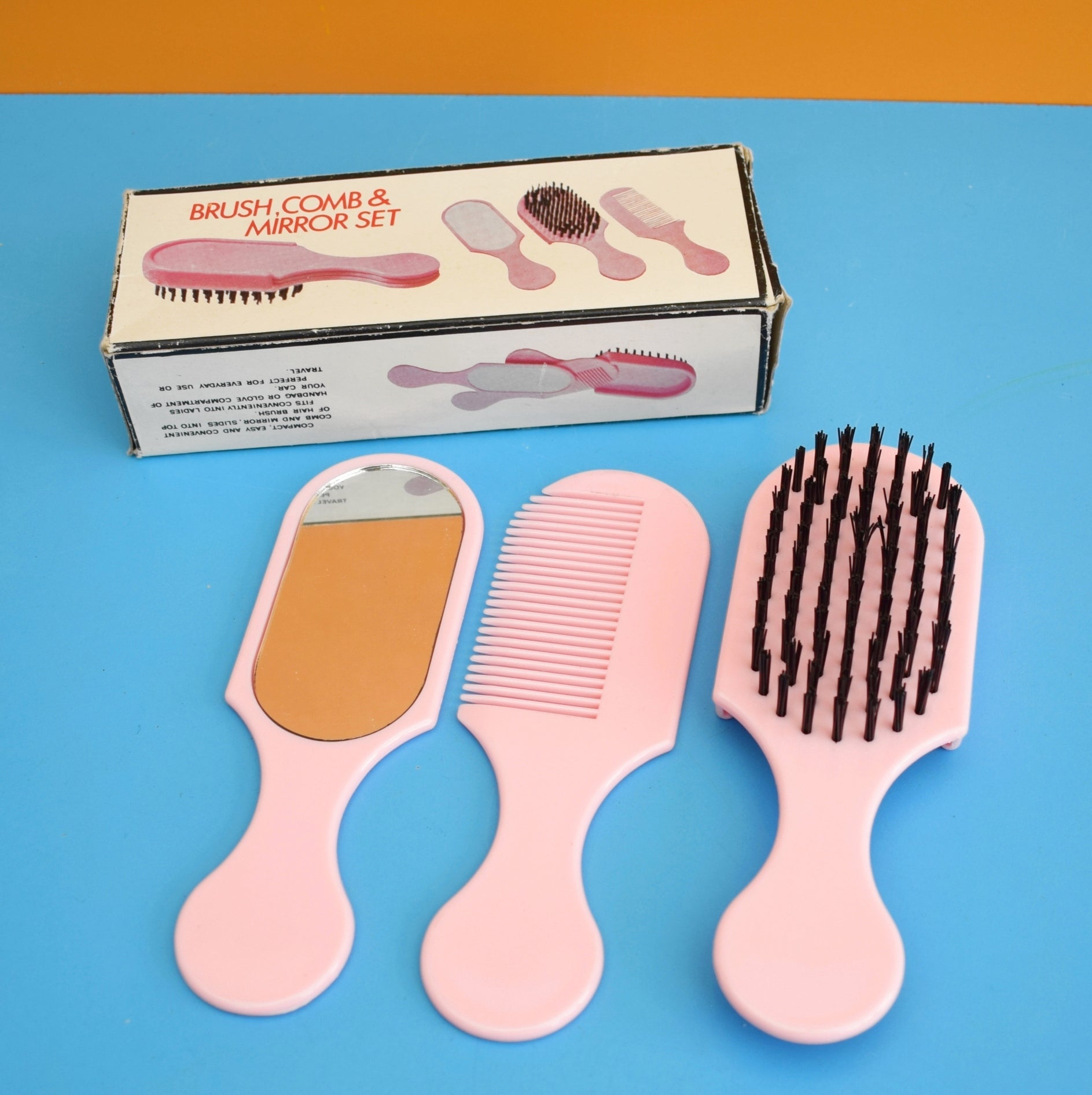 Vintage 1960s Combined Brush, Comb & Mirror Set. - Pink Plastic - Unused by Vintage