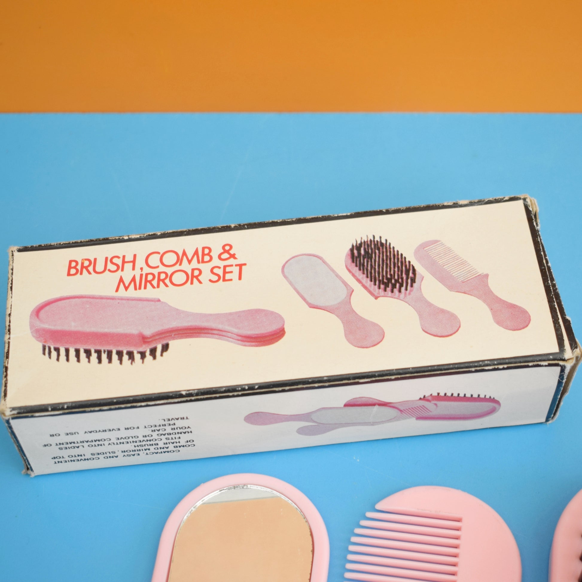 Vintage 1960s Combined Brush, Comb & Mirror Set. - Pink Plastic - Unused by Vintage