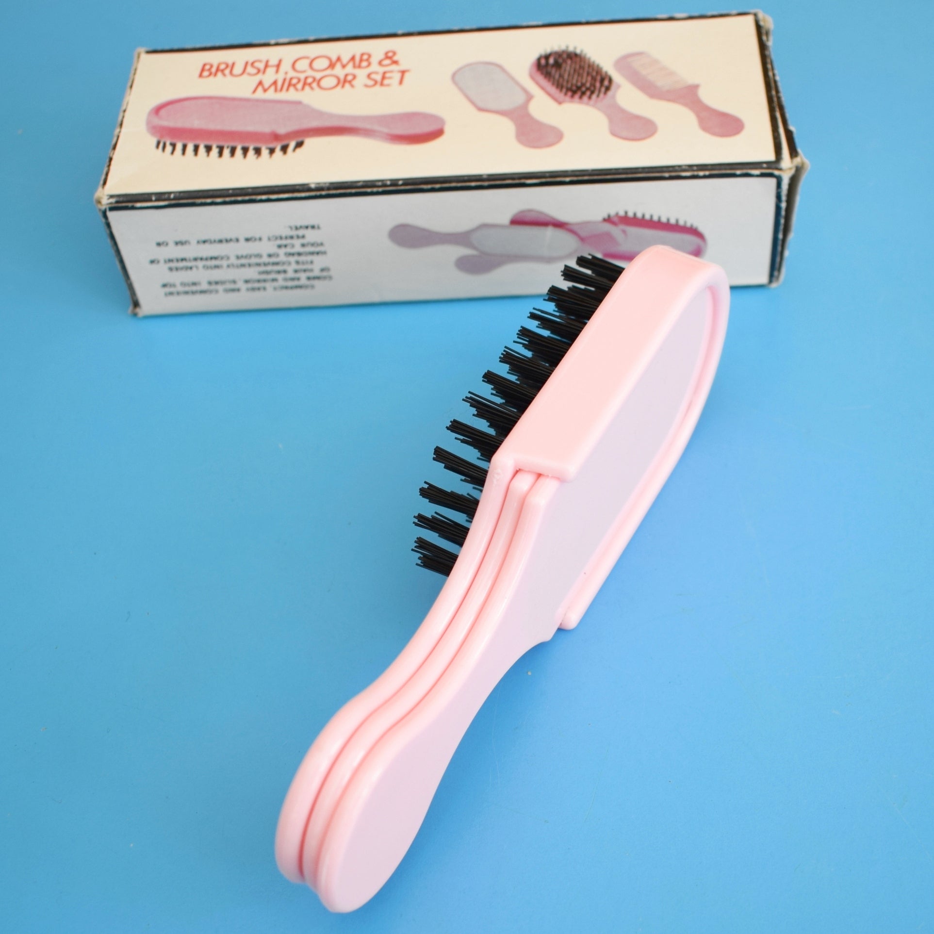 Vintage 1960s Combined Brush, Comb & Mirror Set. - Pink Plastic - Unused by Vintage