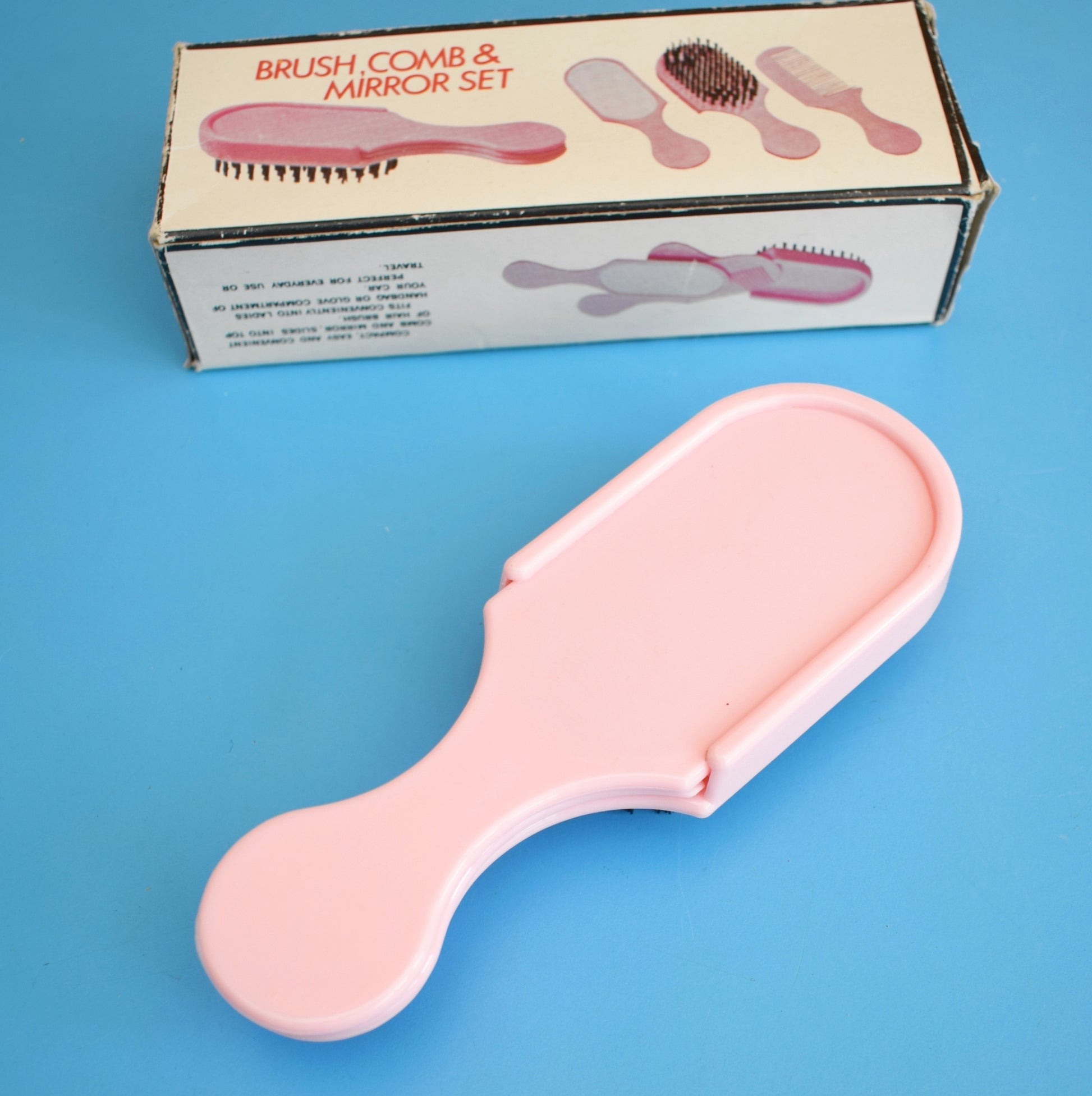 Vintage 1960s Combined Brush, Comb & Mirror Set. - Pink Plastic - Unused by Vintage