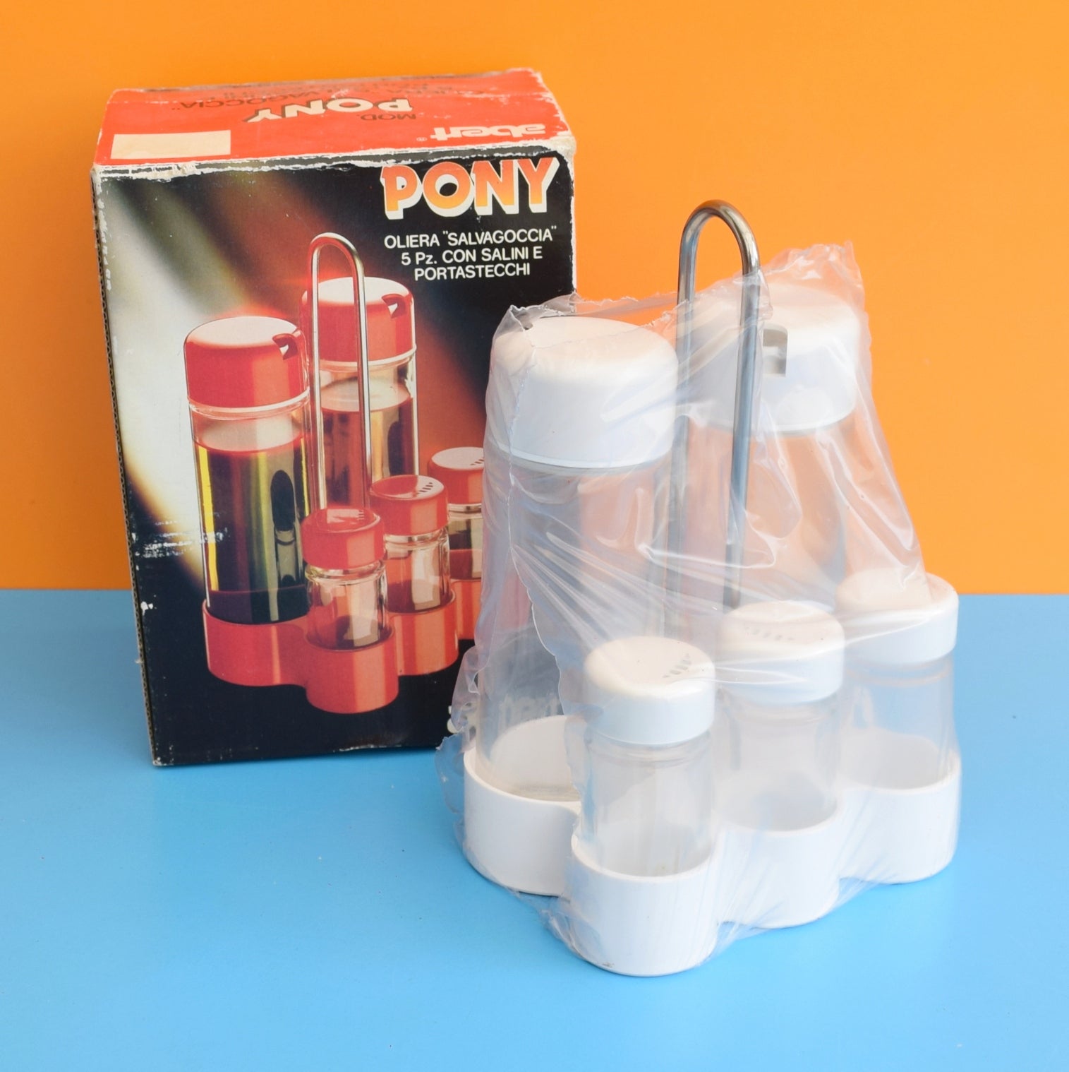 Vintage 1980s Condiment Set- Italian - Abert Pony - White (Boxed) by Pineapple Retro