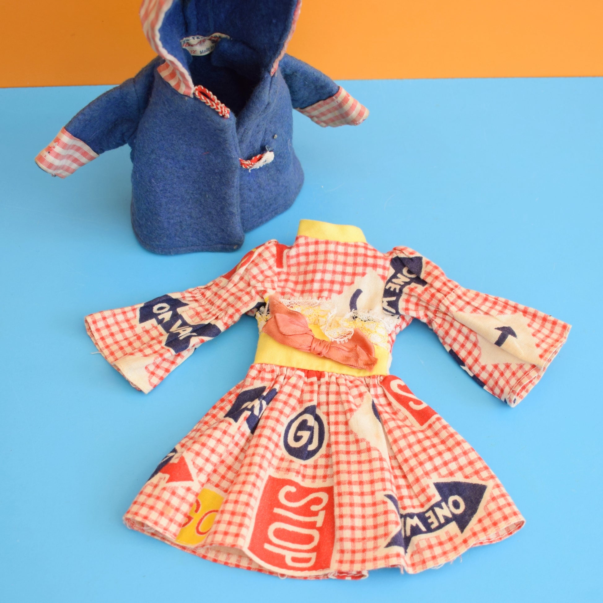 Vintage 1970s Doll Size Outfit - Faerie Glen - Checked Dress & Duffle Coat by Pineapple Retro