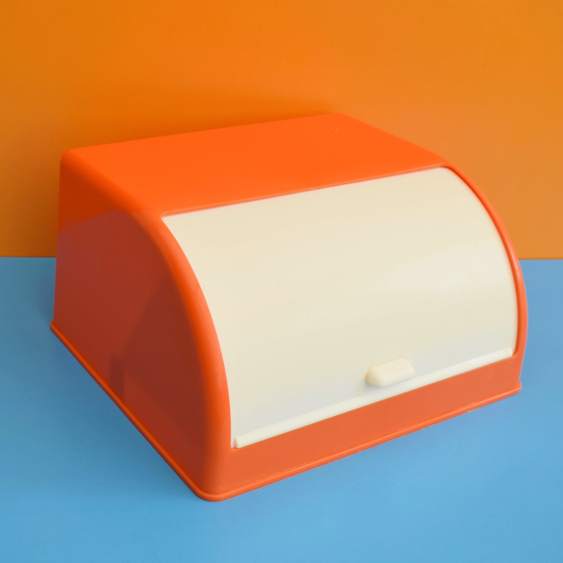Vintage 1970s Plastic Bread Bin - Orange / Cream Roll Top by Pineapple Retro