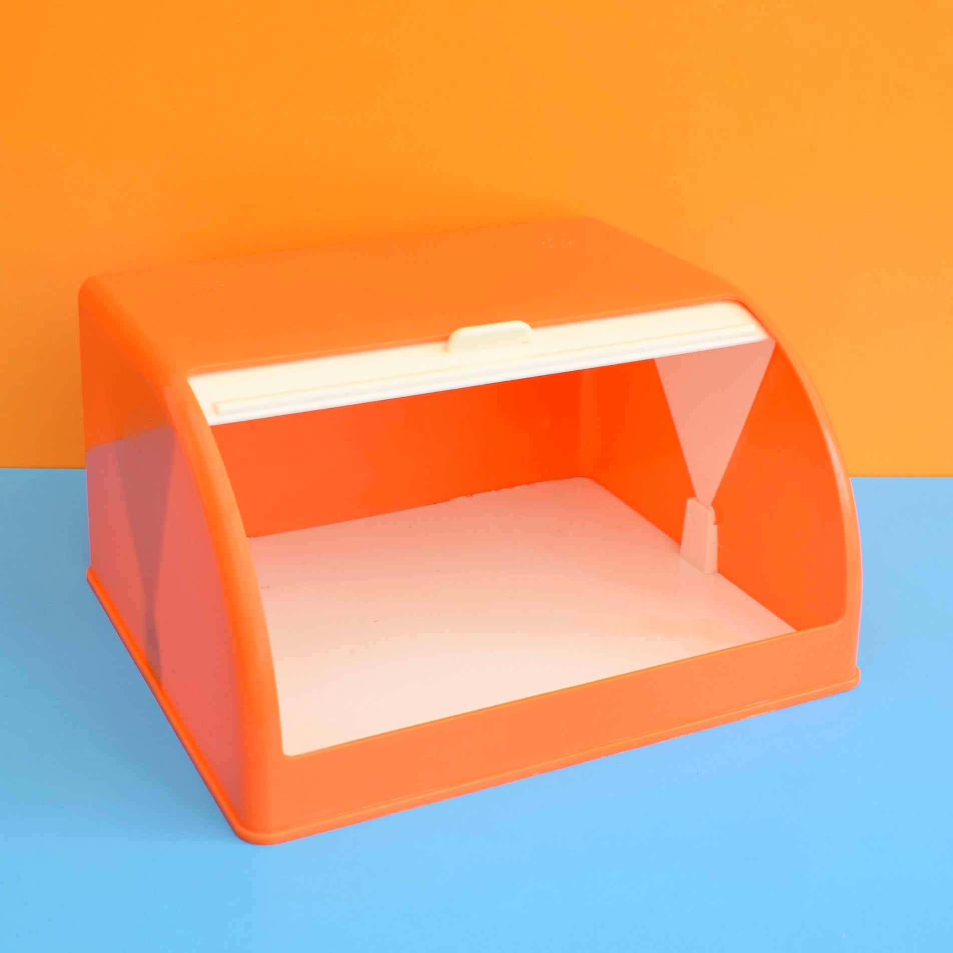 Vintage 1970s Plastic Bread Bin - Orange / Cream Roll Top by Pineapple Retro