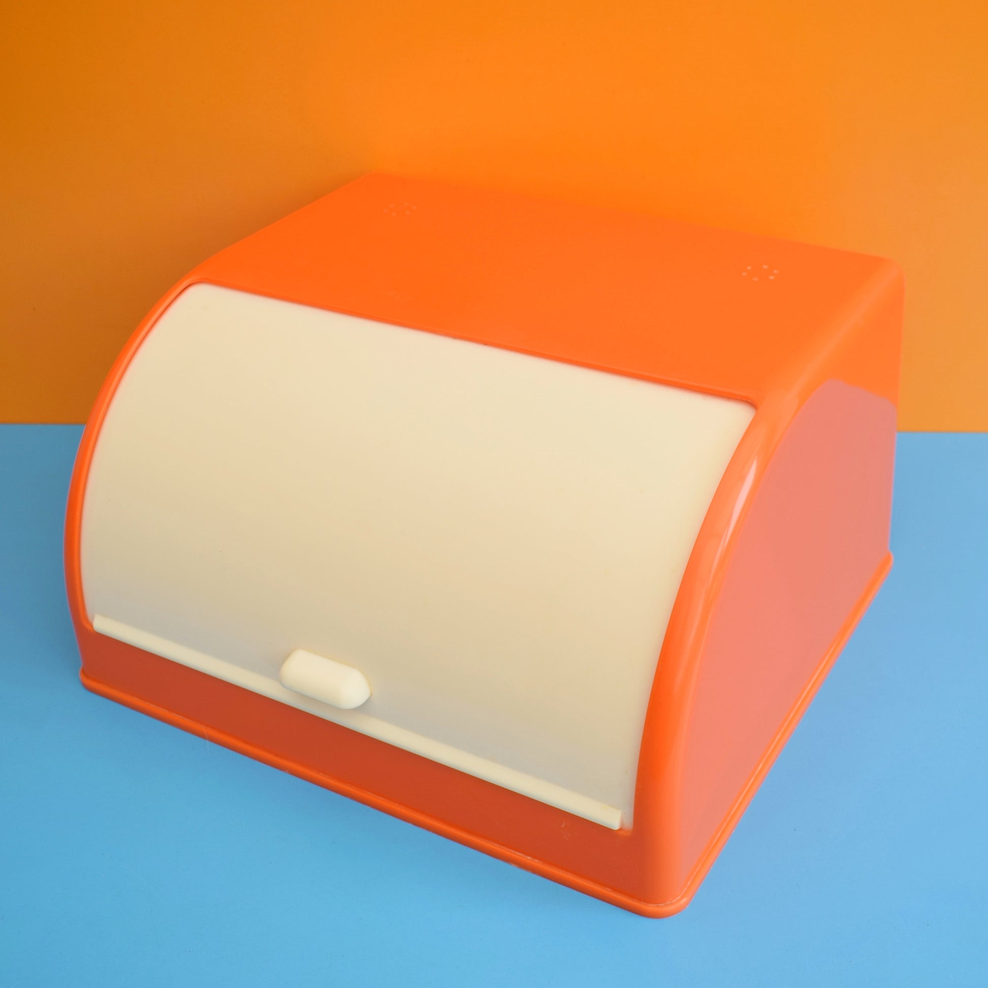Vintage 1970s Plastic Bread Bin - Orange / Cream Roll Top by Pineapple Retro