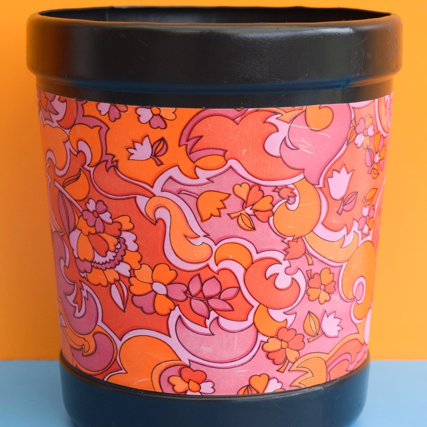Vintage 1960s Plastic Waste Paper Bin - Pink & Orange - Plysu