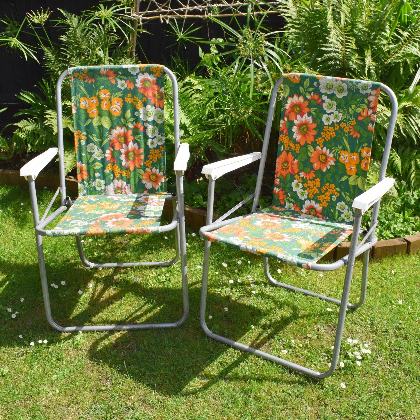 Vintage 1960s Folding Garden Chair - Flowers- Orange & Green - Pair Available by Vintage