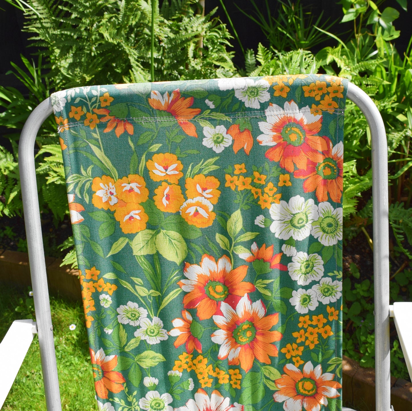 Vintage 1960s Folding Garden Chair - Flowers- Orange & Green - Pair Available by Vintage