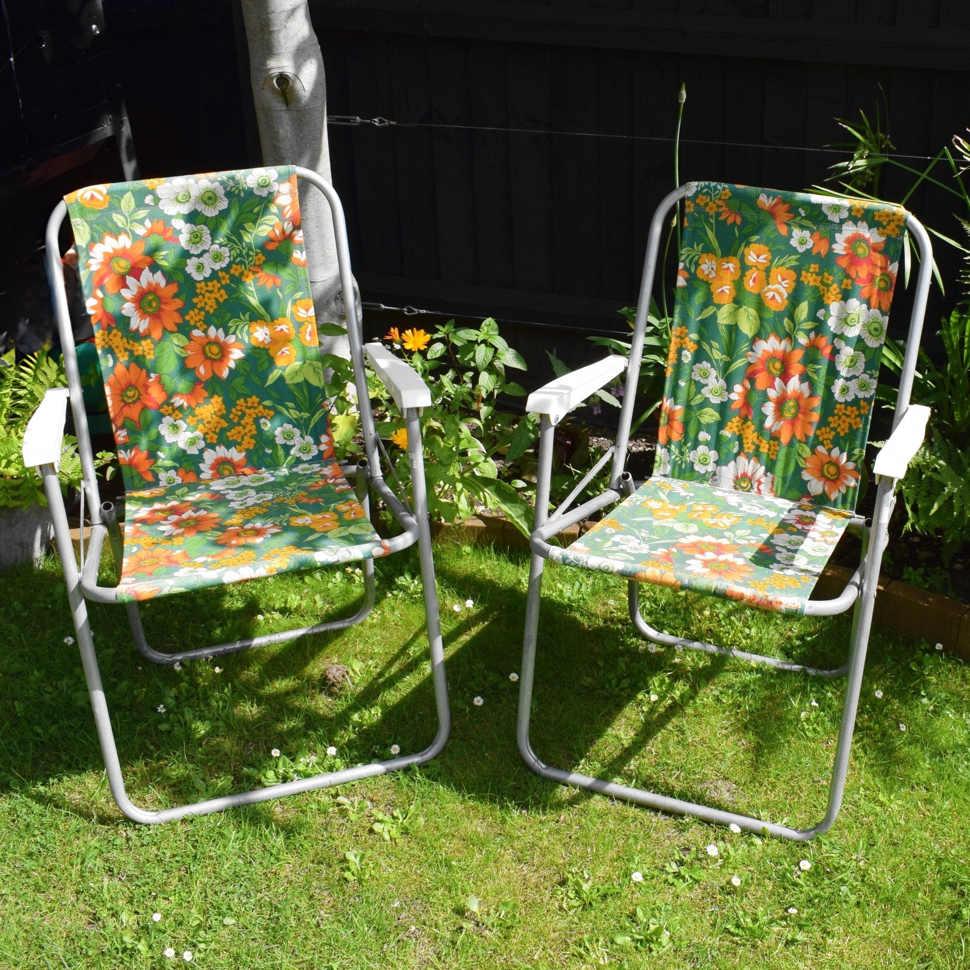 Vintage 1960s Folding Garden Chair - Flowers- Orange & Green - Pair Available by Vintage