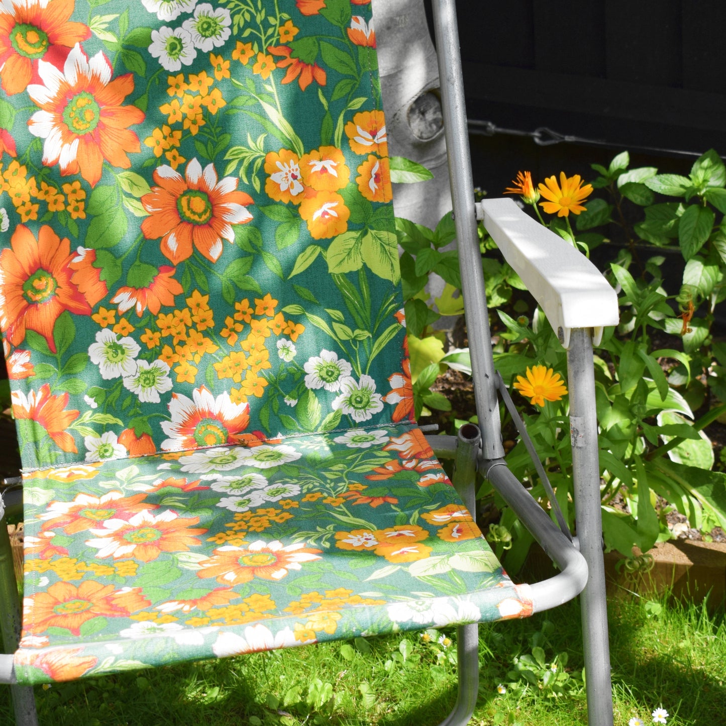 Vintage 1960s Folding Garden Chair - Flowers- Orange & Green - Pair Available by Vintage