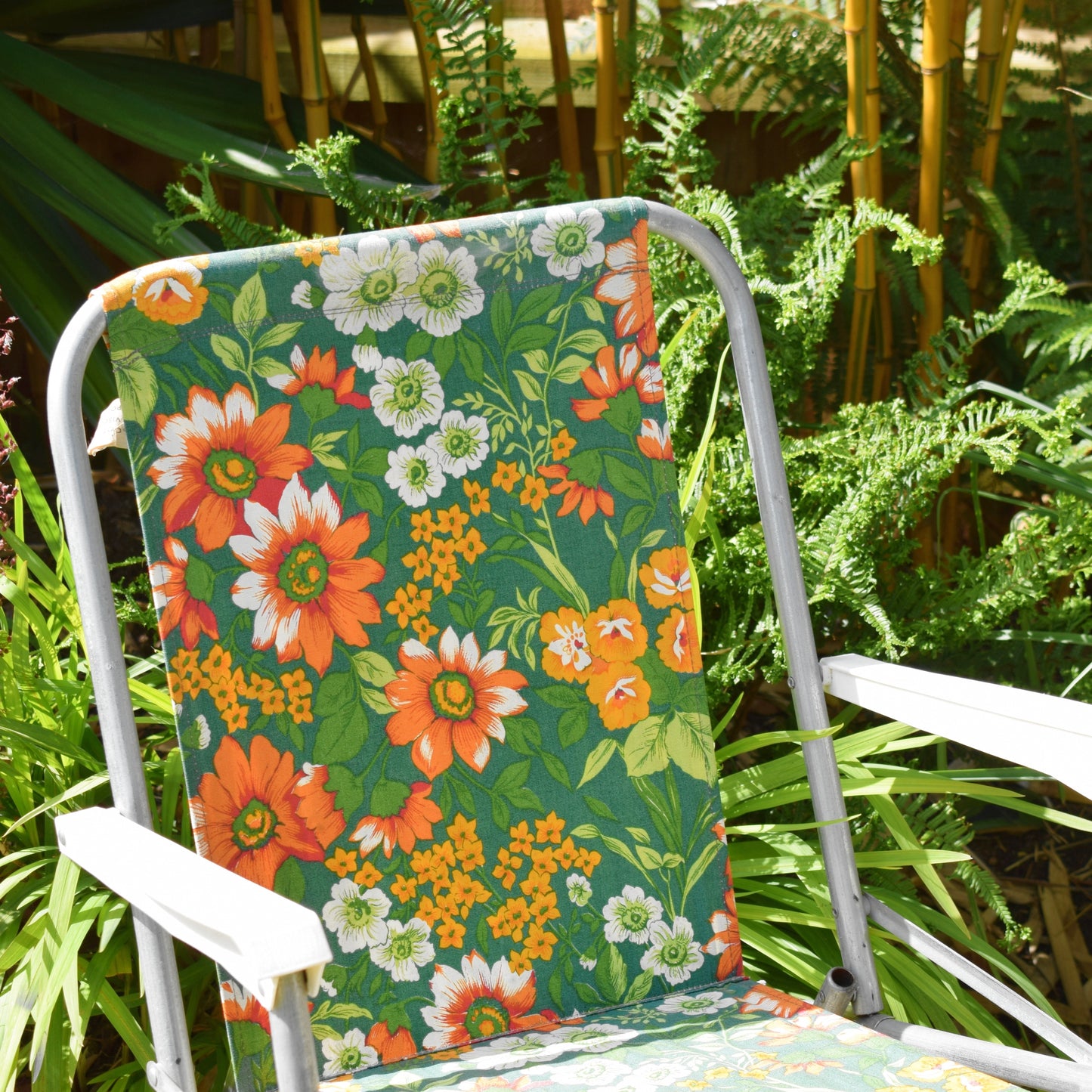 Vintage 1960s Folding Garden Chair - Flowers- Orange & Green - Pair Available by Vintage