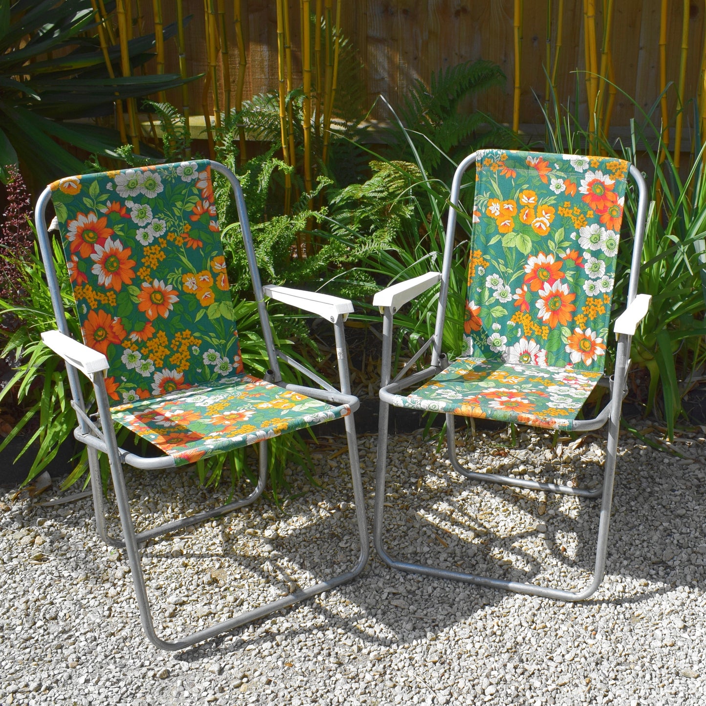Vintage 1960s Folding Garden Chair - Flowers- Orange & Green - Pair Available by Vintage