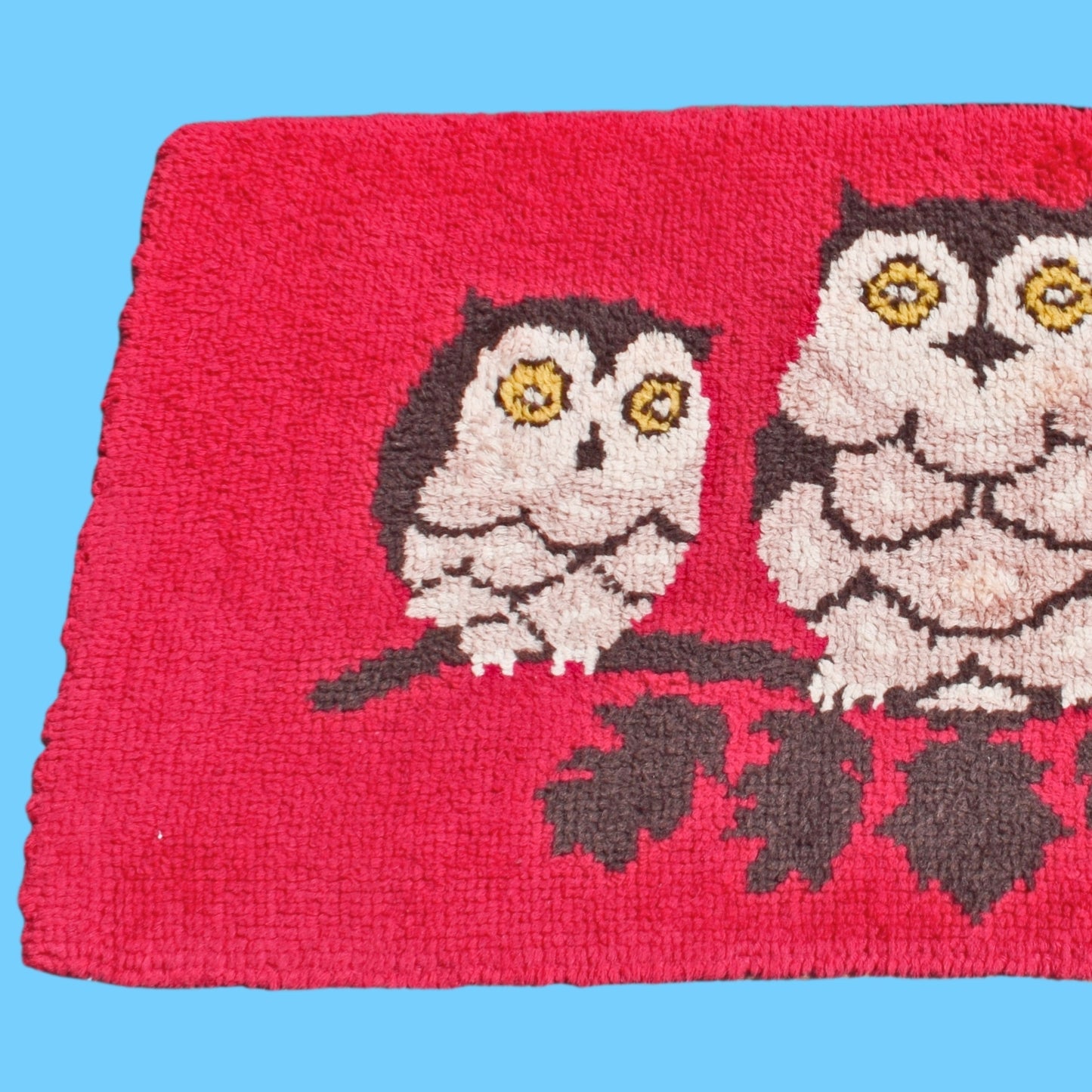 Vintage 1970s Handmade Latch Hooked Rug - Pink Owl Design by Pineapple Retro
