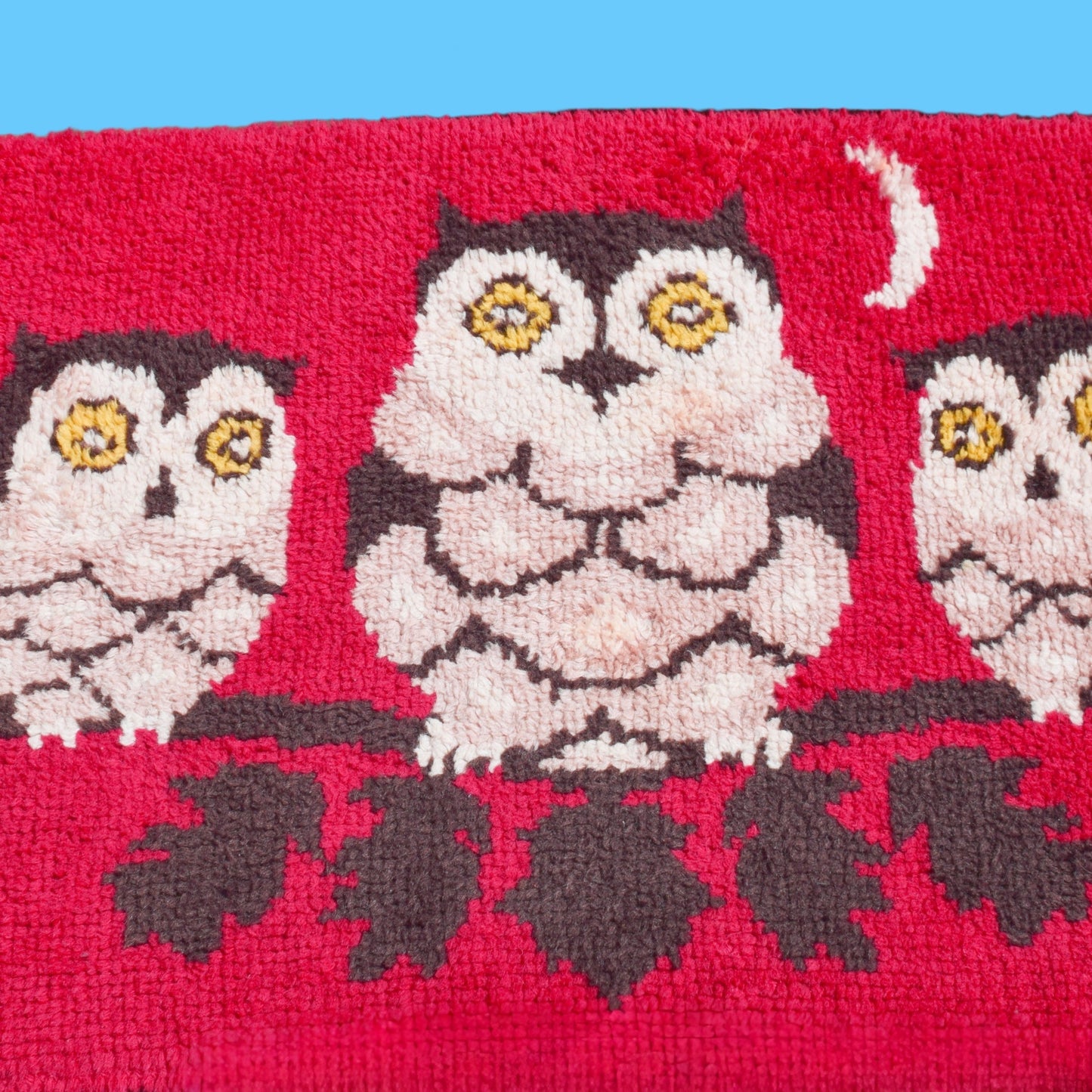 Vintage 1970s Handmade Latch Hooked Rug - Pink Owl Design by Pineapple Retro