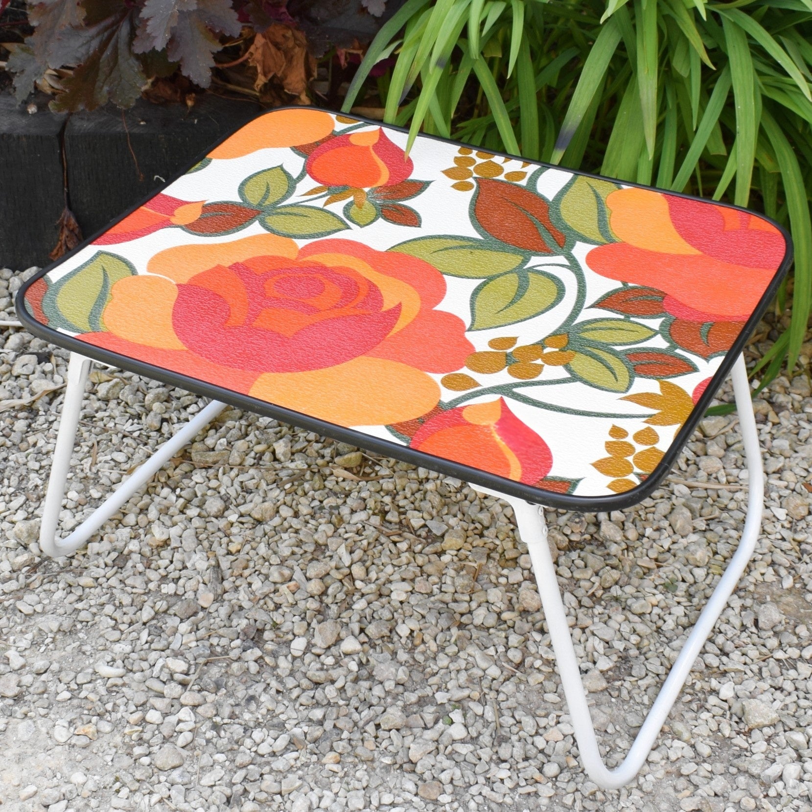 Vintage 1960s Folding Low Table - Flower Power- Orange & Green by Vintage