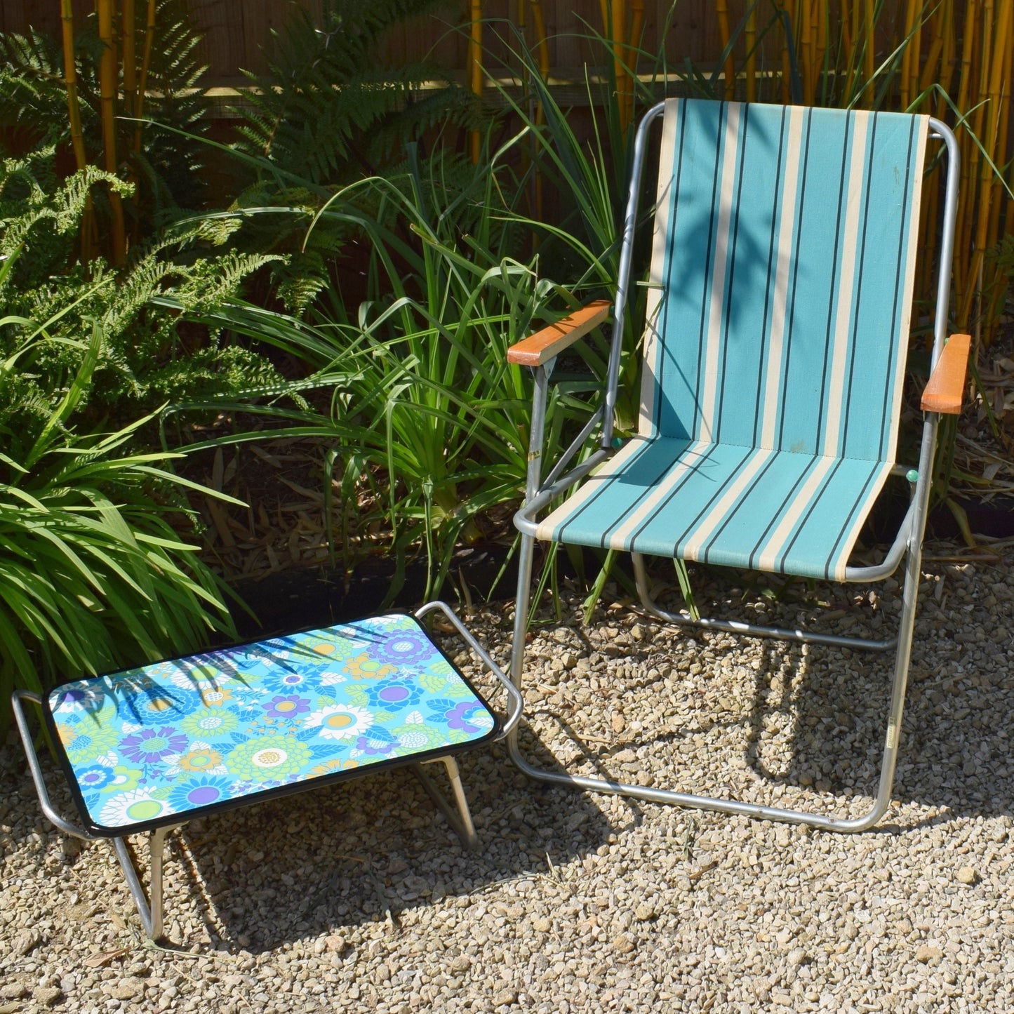 Vintage 1960s Folding Garden Chair - Striped - Blue & White by Vintage