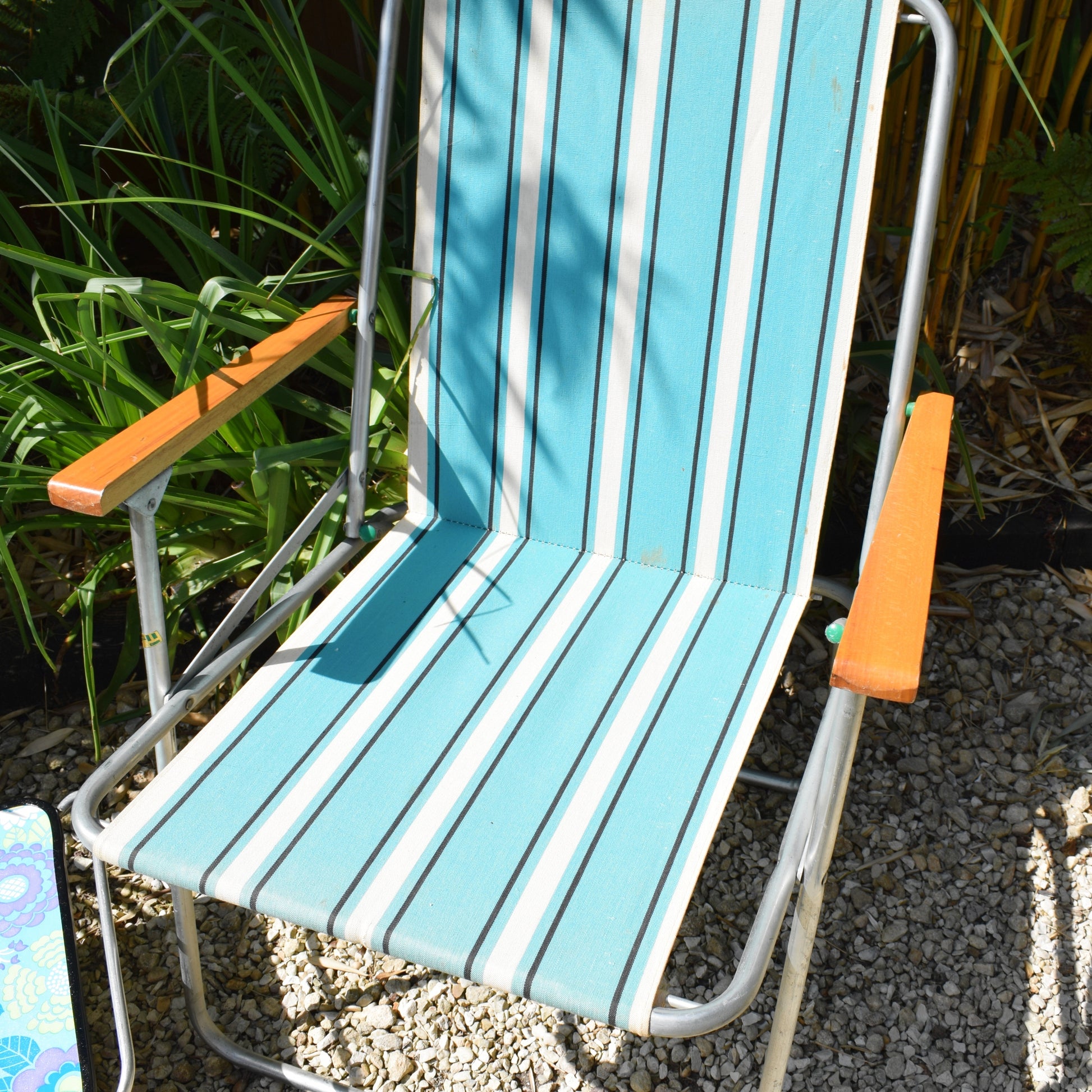 Vintage 1960s Folding Garden Chair - Striped - Blue & White by Vintage