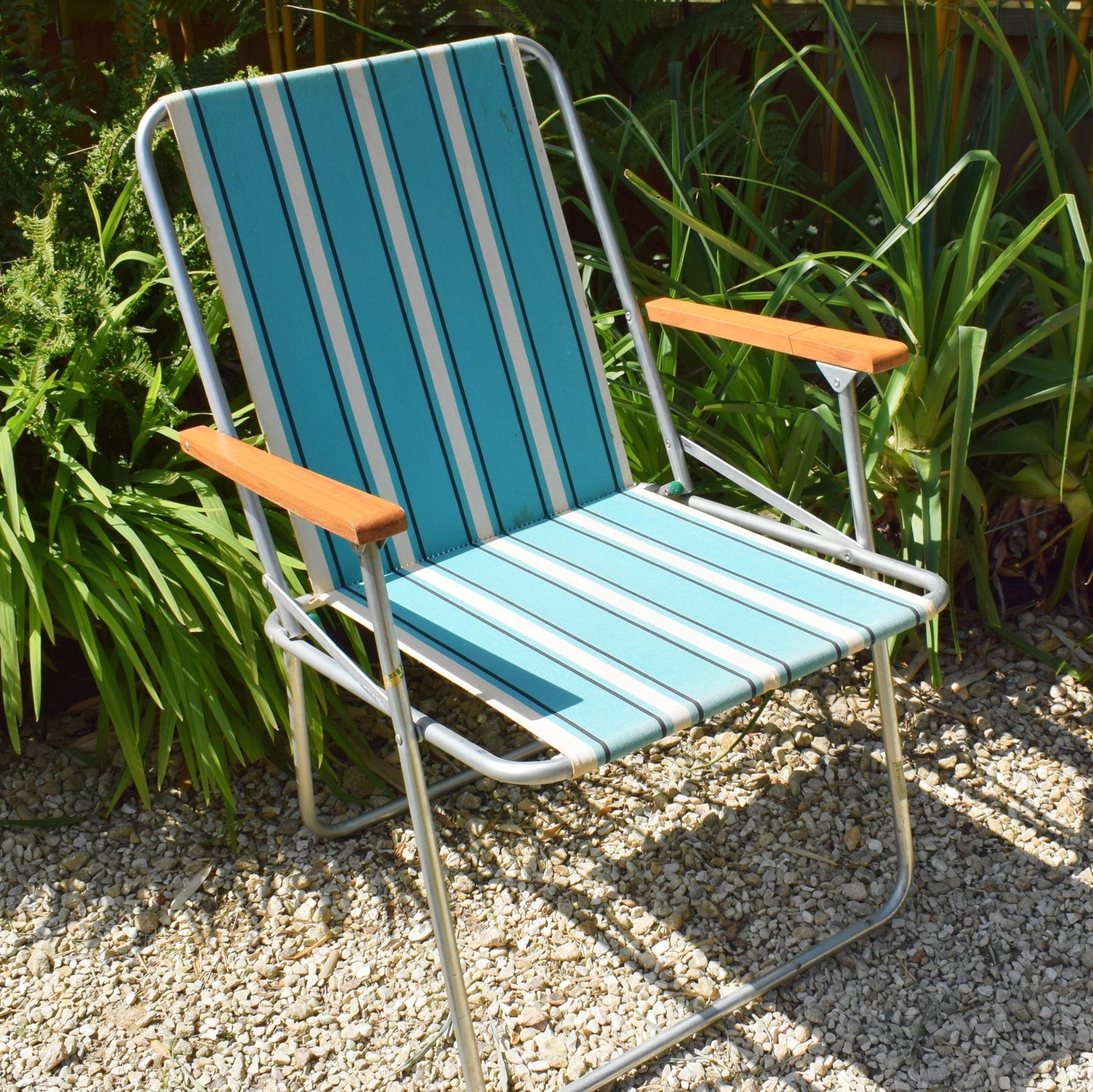 Vintage 1960s Folding Garden Chair - Striped - Blue & White by Vintage