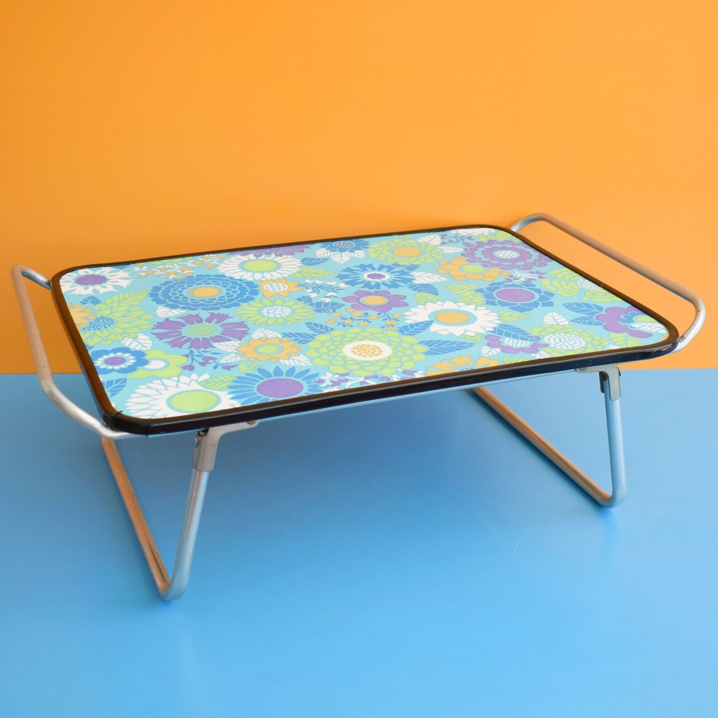 Vintage 1960s Folding Low Table - Flower Power- Blue & Purple by Vintage