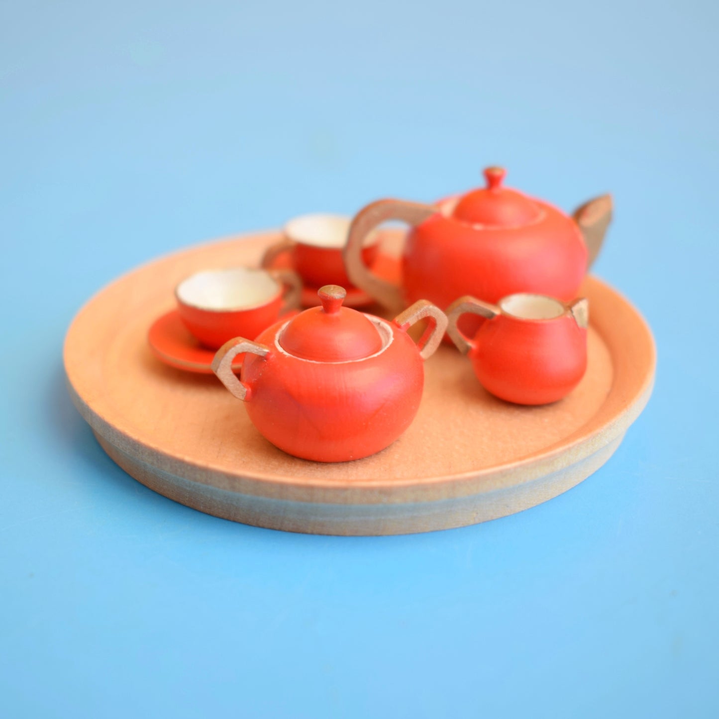Vintage 1970s Wooden Tea Set- Red/ Orange - Doll Toi no by Pineapple Retro