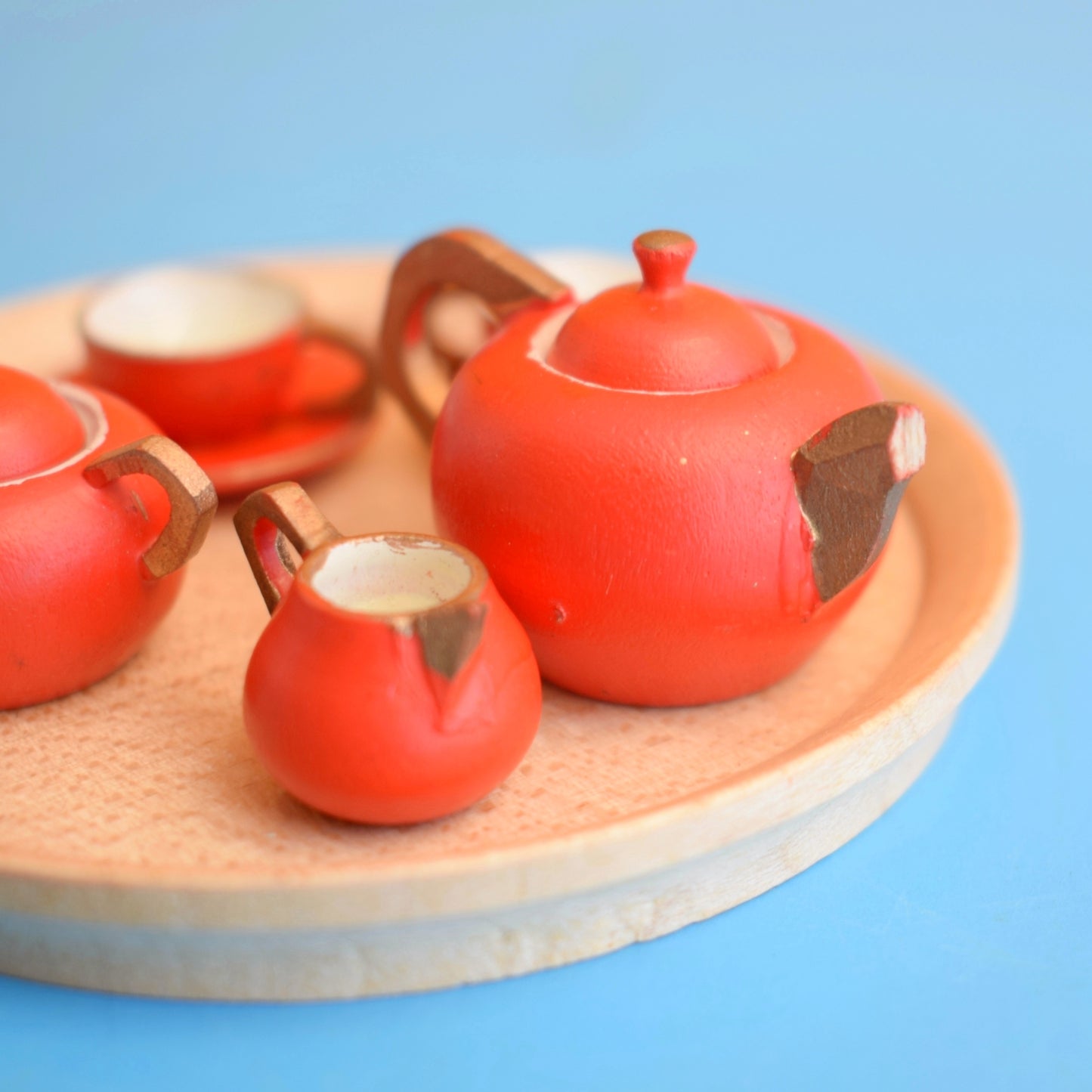 Vintage 1970s Wooden Tea Set- Red/ Orange - Doll Toi no by Pineapple Retro