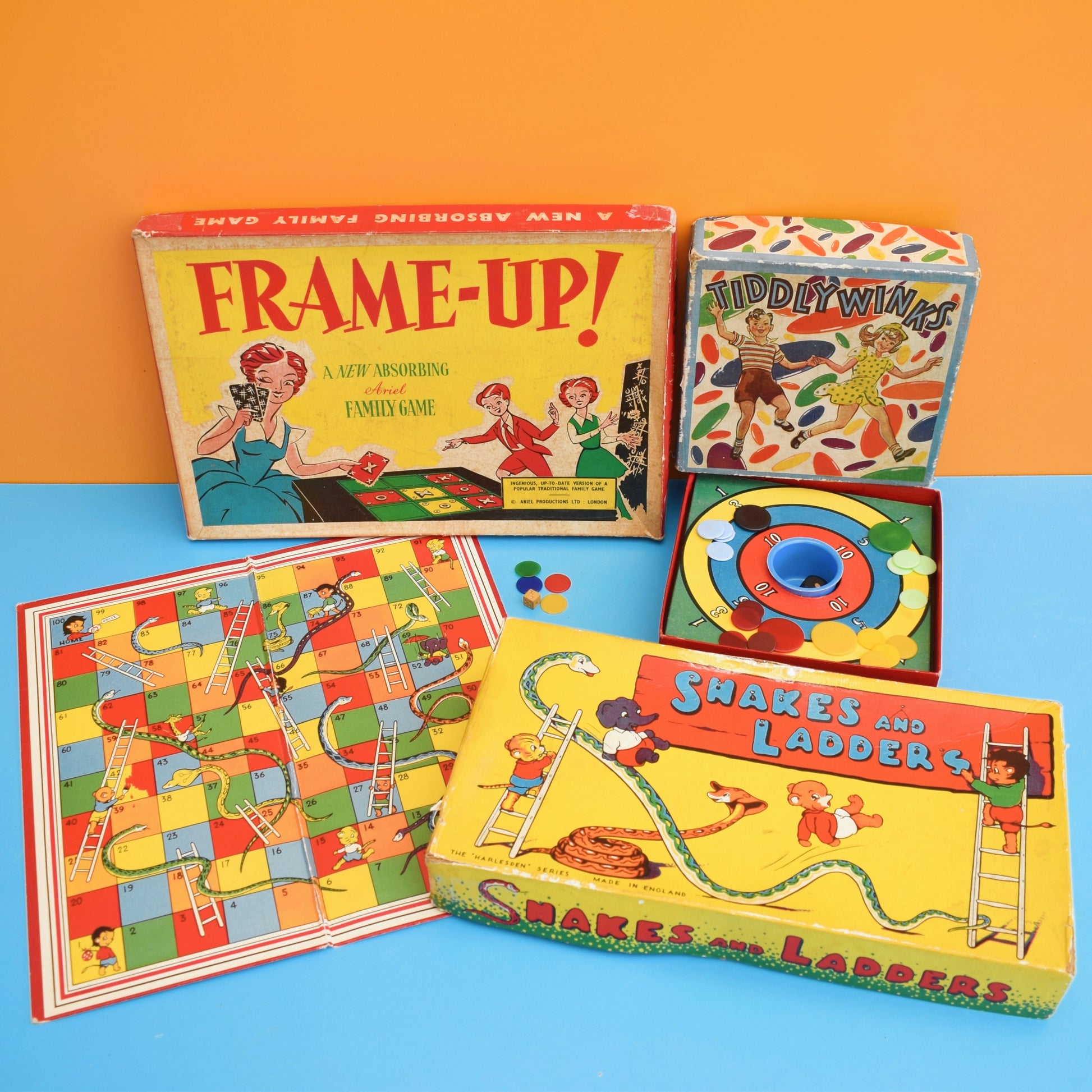 Vintage 1950s Game Collection- Tiddly Winks / Snakes & Ladders / Frame-Up by Vintage
