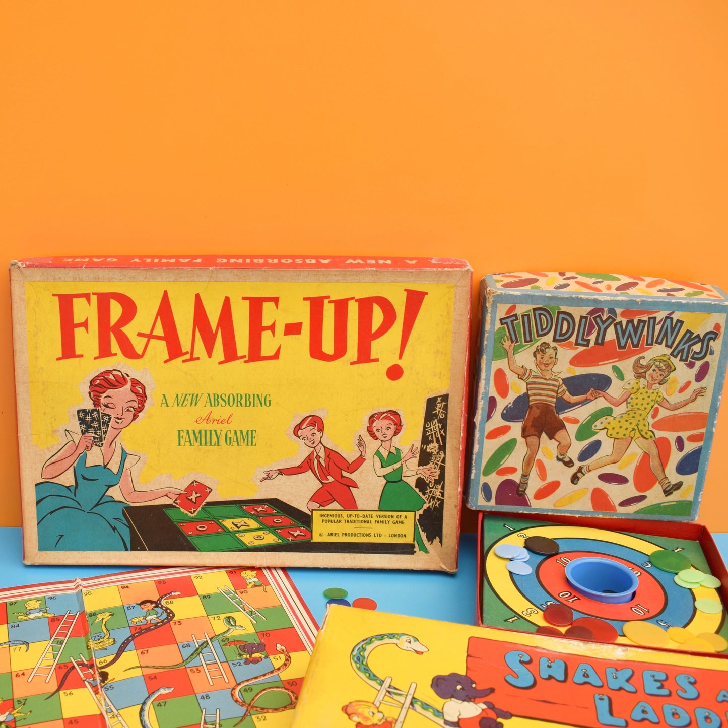 Vintage 1950s Game Collection- Tiddly Winks / Snakes & Ladders / Frame-Up by Vintage