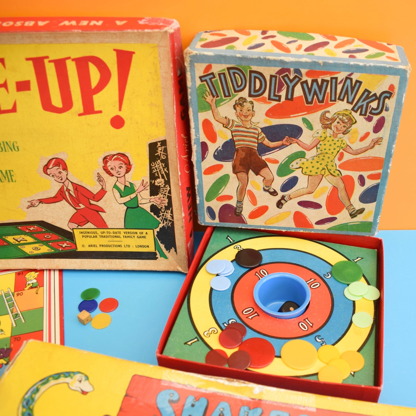 Vintage 1950s Game Collection- Tiddly Winks / Snakes & Ladders / Frame-Up by Vintage