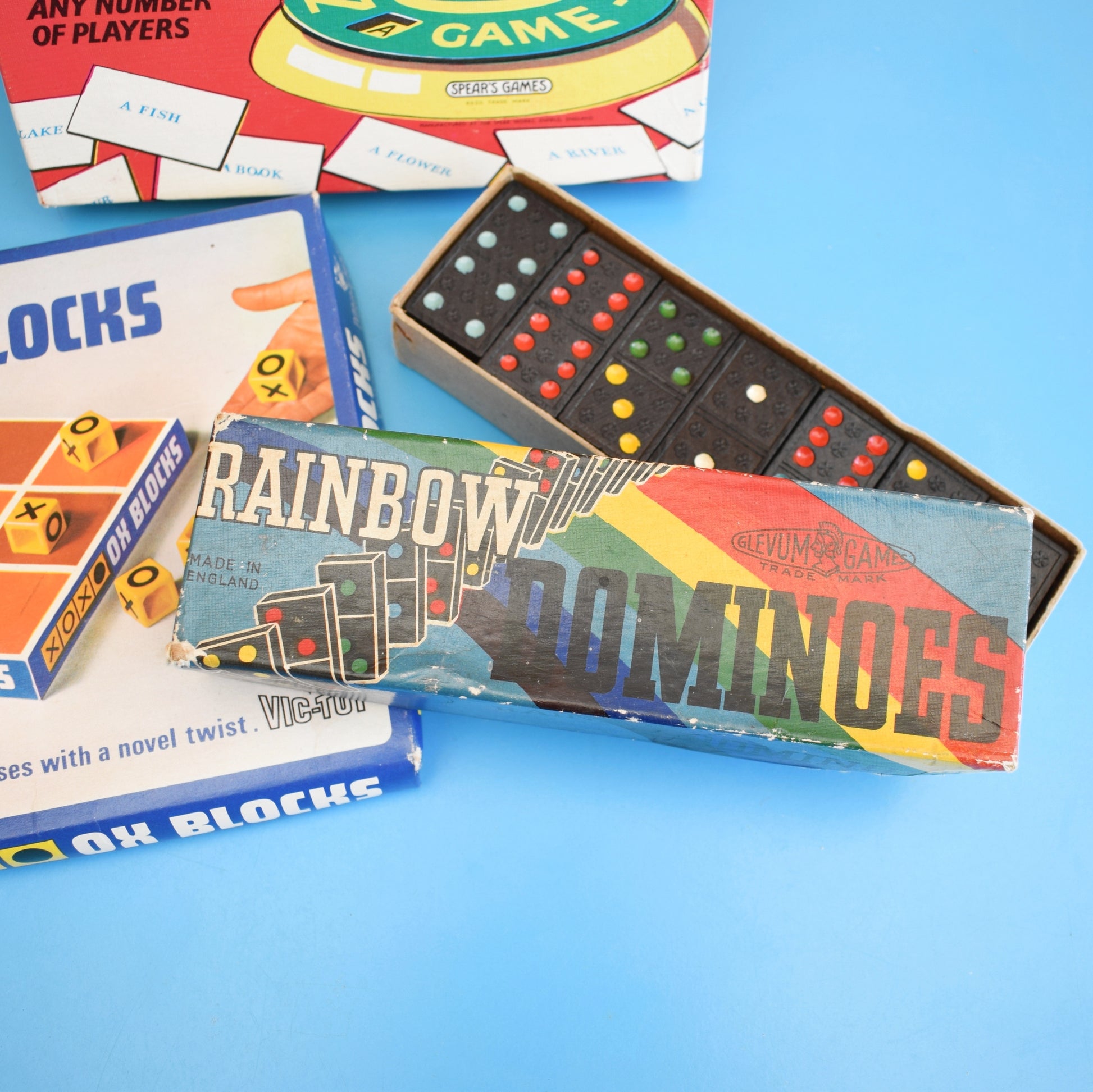Vintage 1960s Rainbow Dominos / Tell Me Quiz Game / Ox Blocks by Vintage
