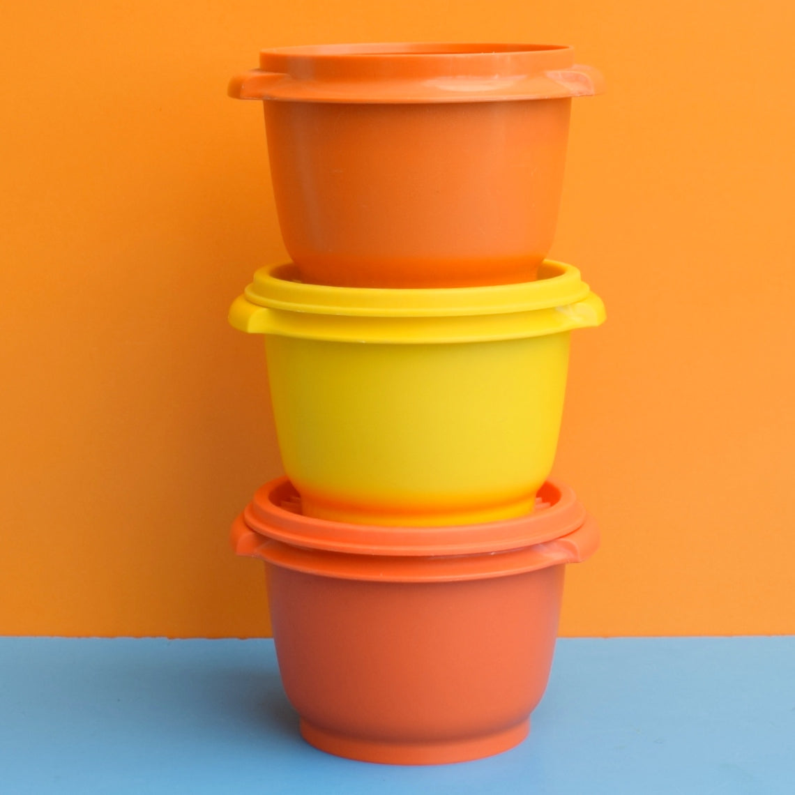 Vintage 1970s Tupperware Fan Top Small Containers - Orange / Yellow