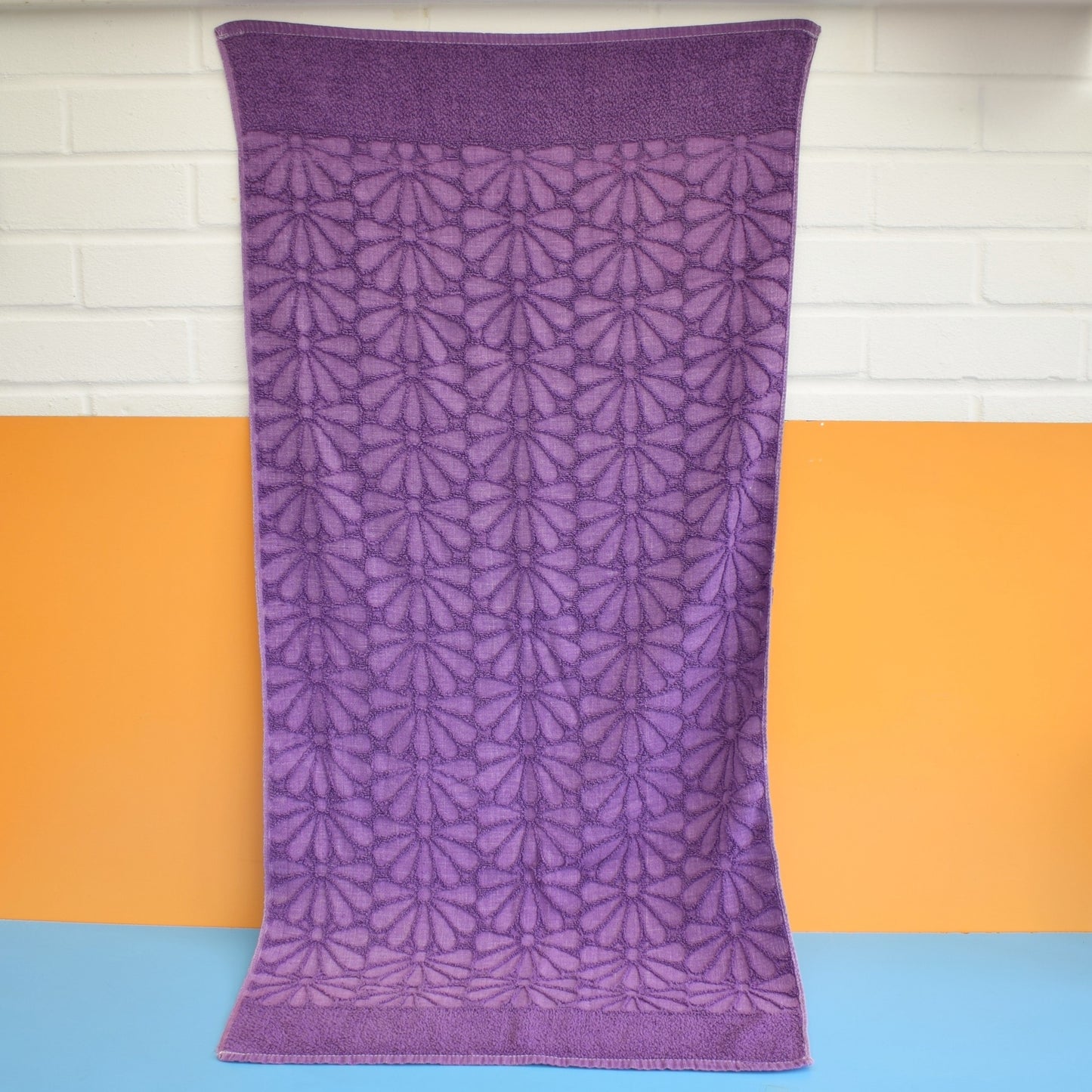 Vintage 1970s Bath Towel - Purple Flower Design