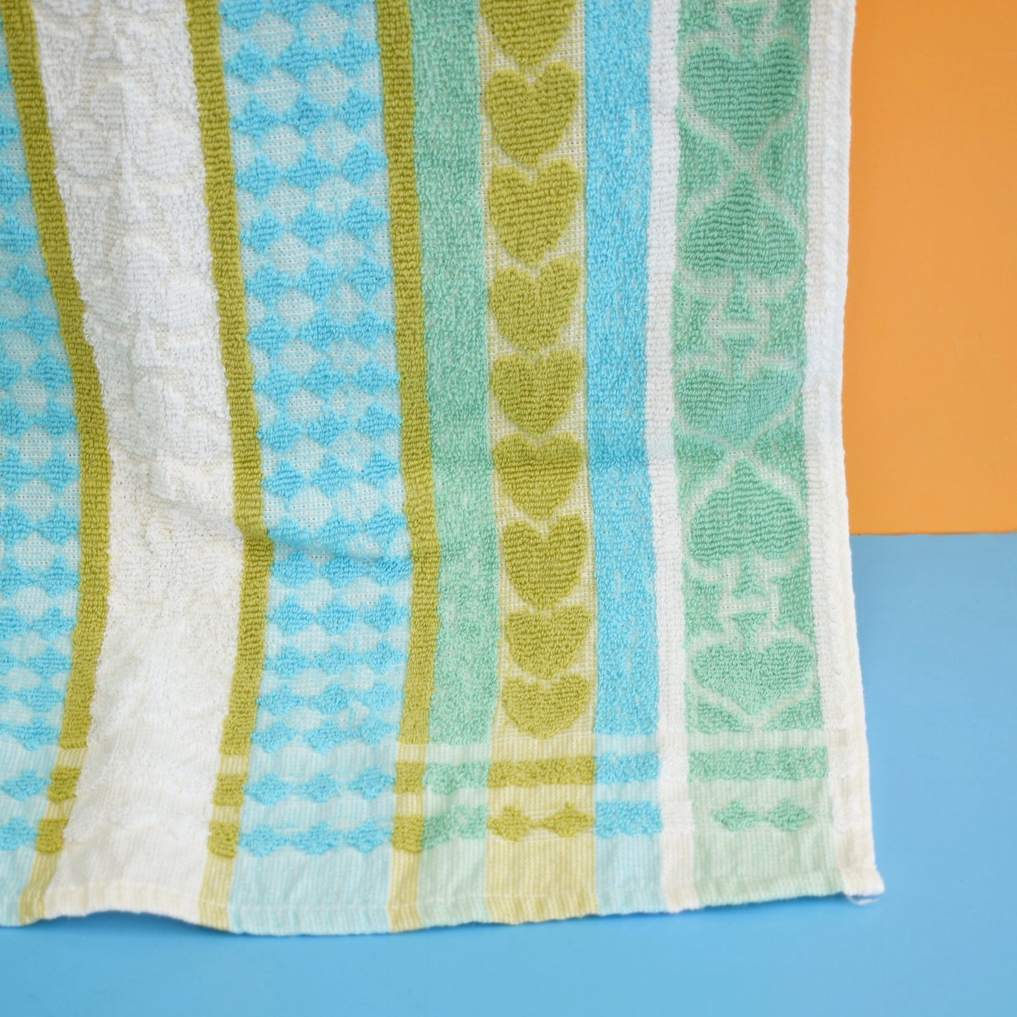 Vintage 1970s Towels - Heart Design - Blue & Green