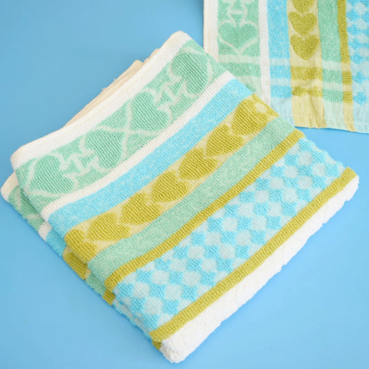 Vintage 1970s Towels - Heart Design - Blue & Green