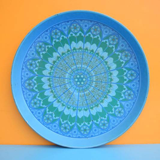 Vintage 1970s Round Geometric Metal Tray - Blue
