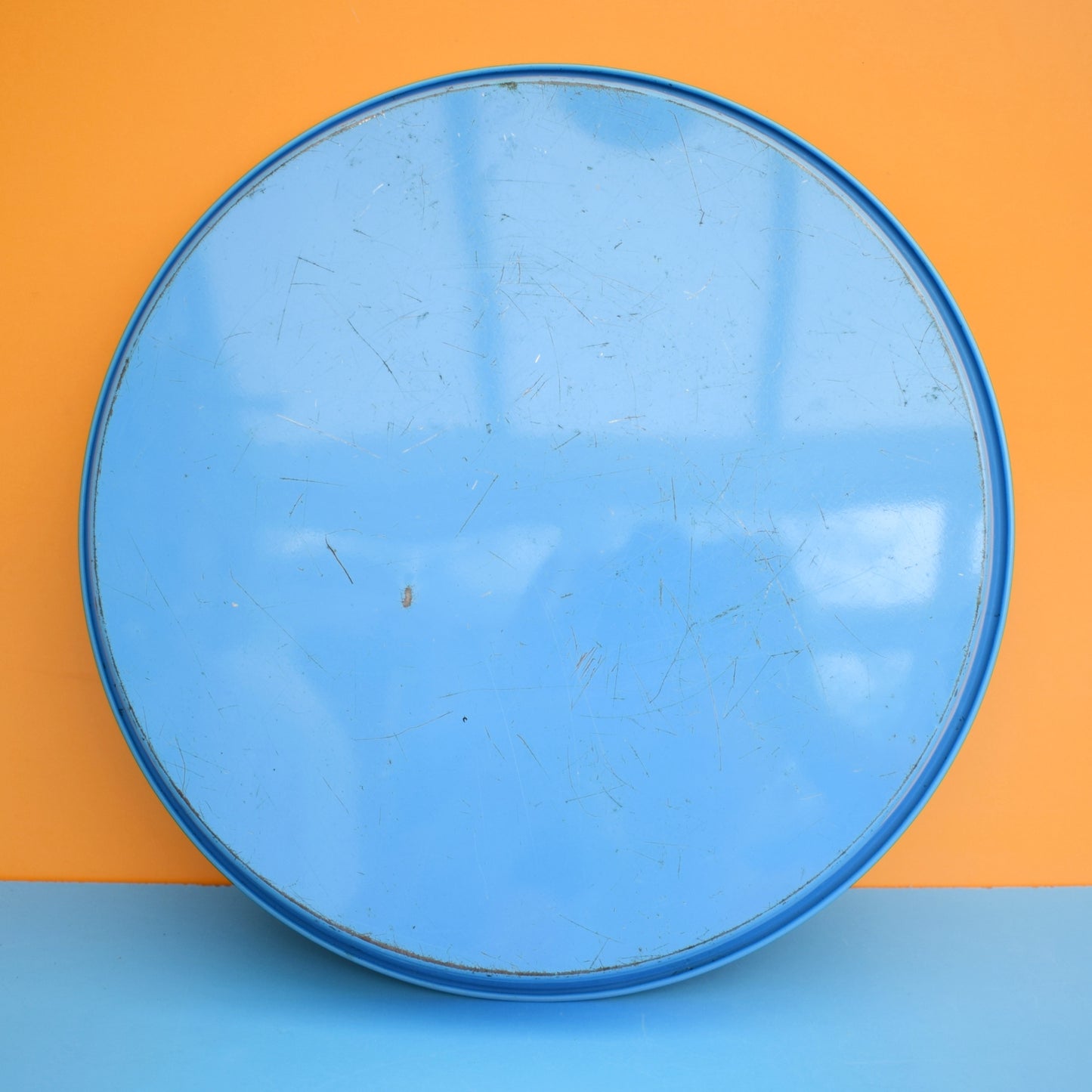 Vintage 1970s Round Geometric Metal Tray - Blue