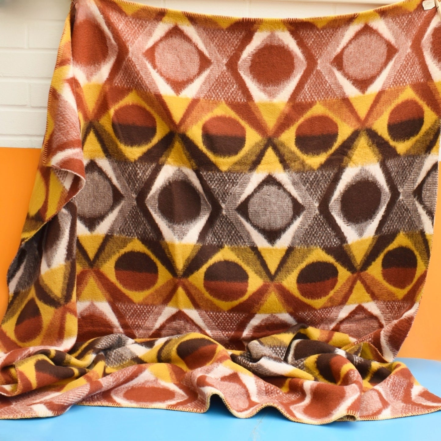 Vintage 1970s Soft Blanket - Mustard & Brown