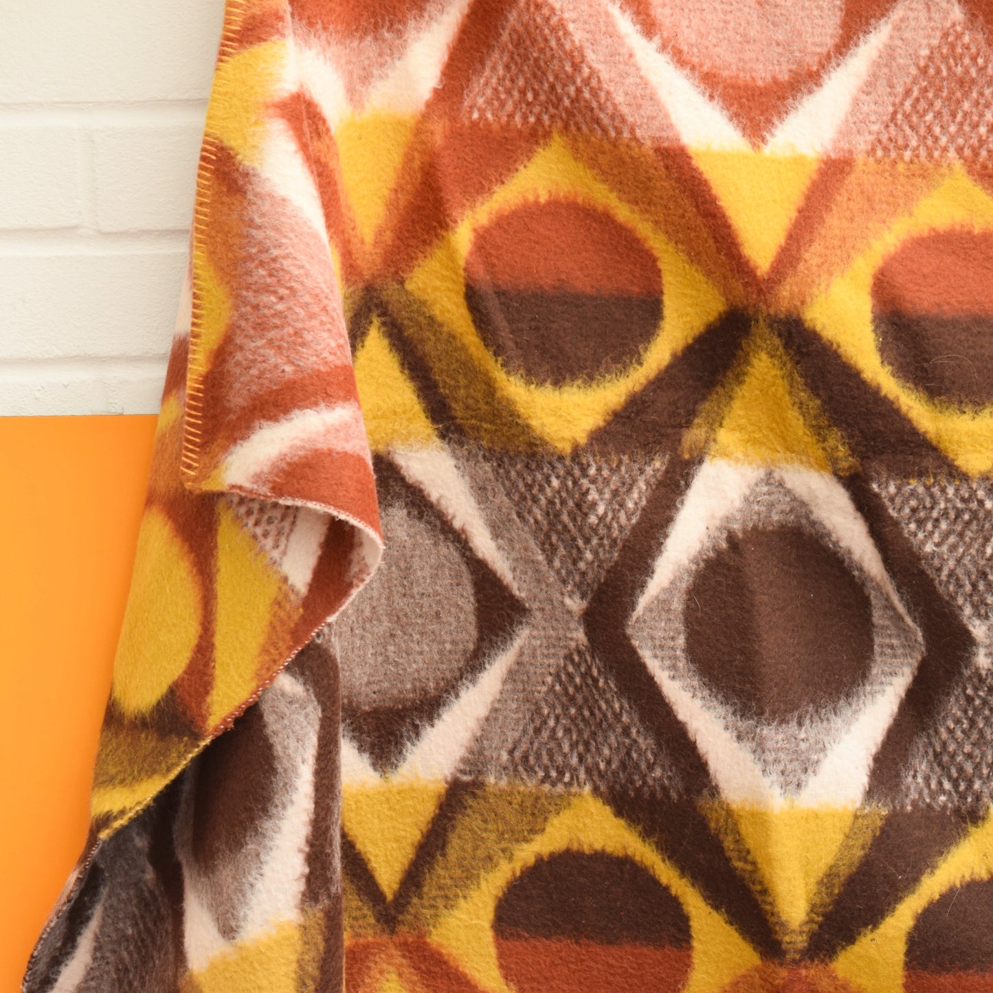 Vintage 1970s Soft Blanket - Mustard & Brown