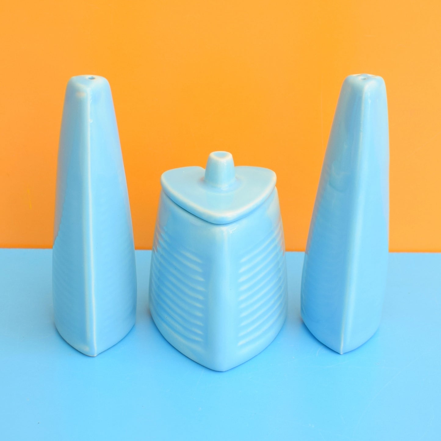 Vintage 1950s Triangular Cruet Set - Powder Blue - Kensington Pottery by Vintage