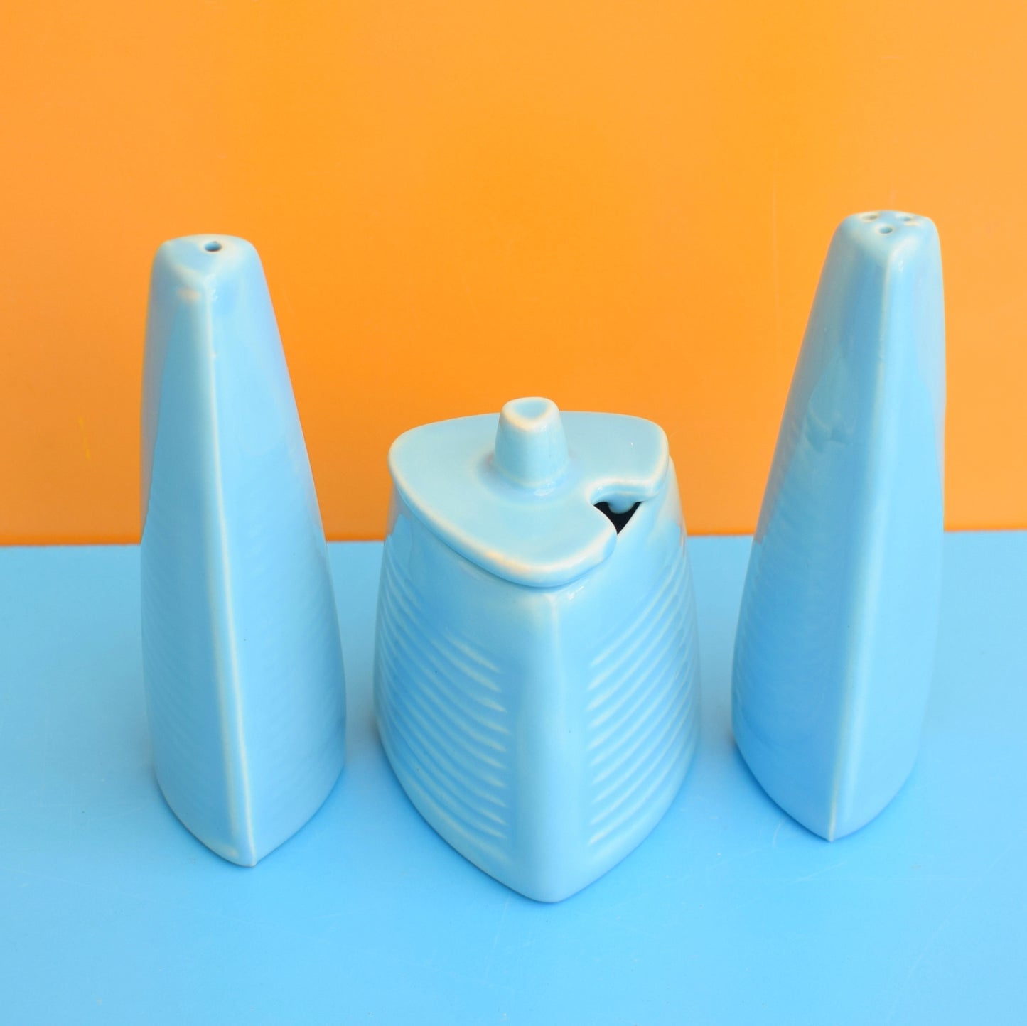 Vintage 1950s Triangular Cruet Set - Powder Blue - Kensington Pottery by Vintage