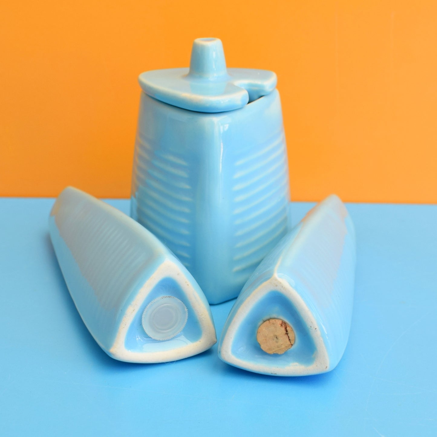 Vintage 1950s Triangular Cruet Set - Powder Blue - Kensington Pottery by Vintage