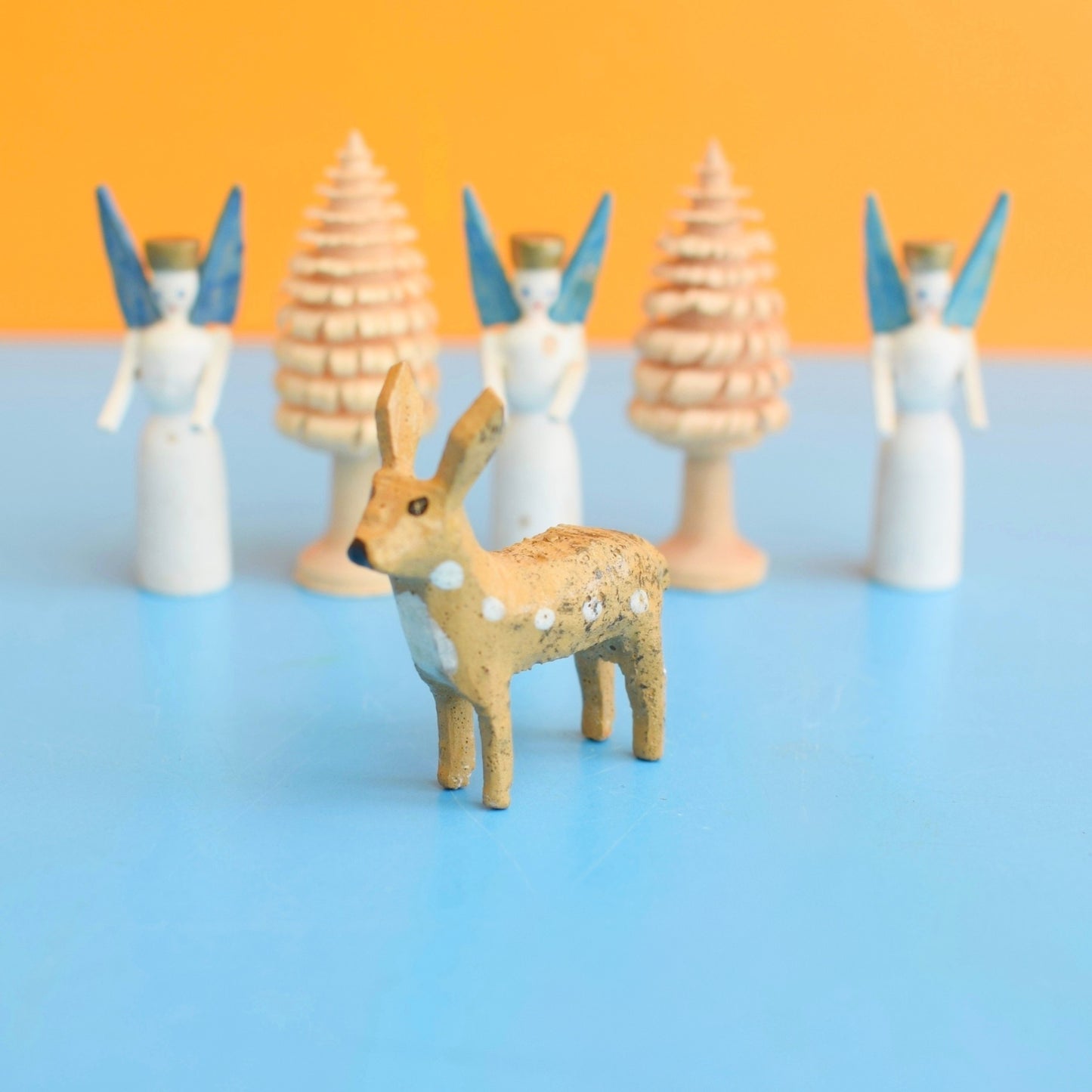 Vintage 1950s Tiny Erzgebirge German Wooden Christmas Trees/ Angels/ Bambi